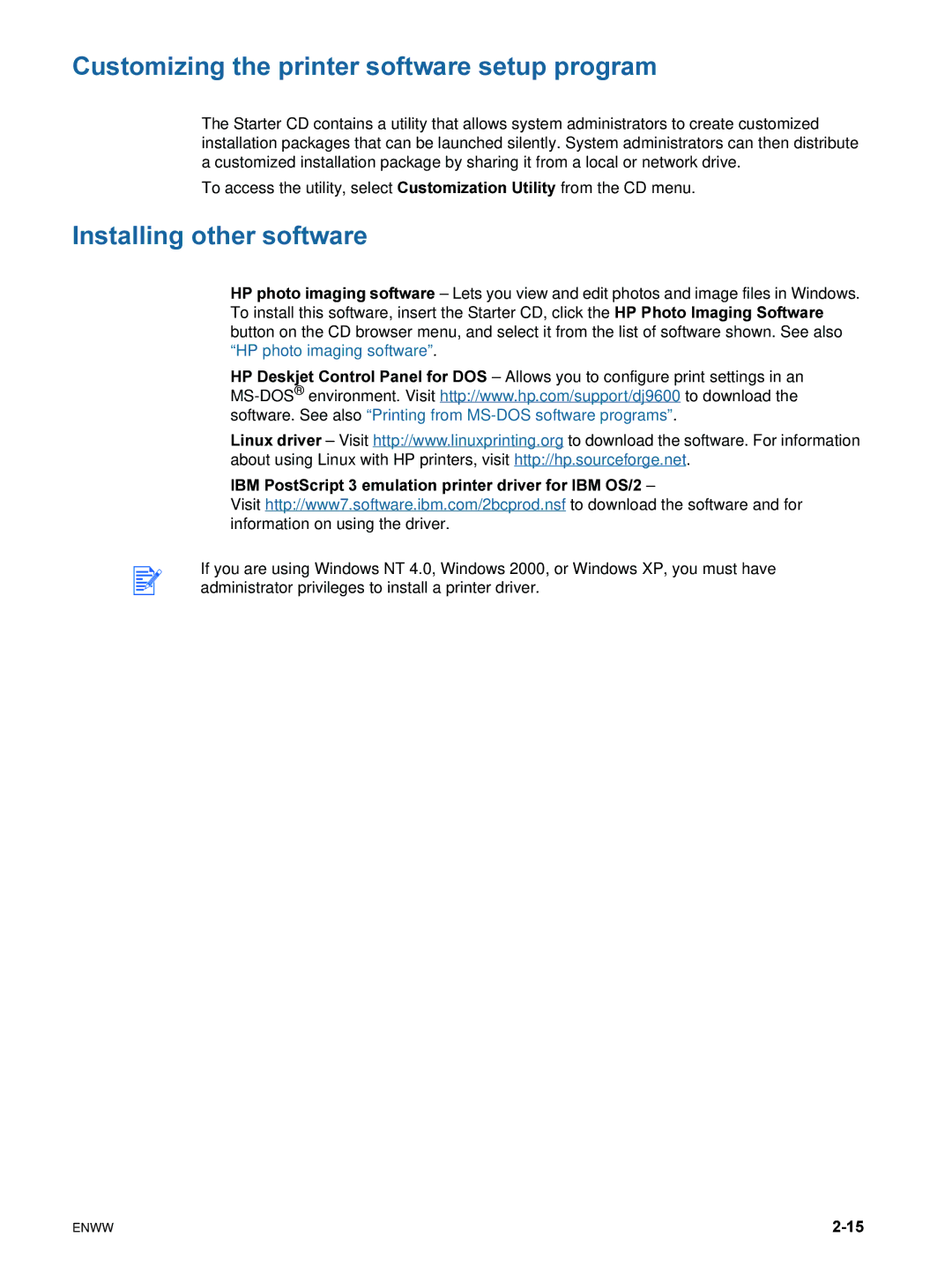 HP 9600 manual Customizing the printer software setup program, Installing other software 