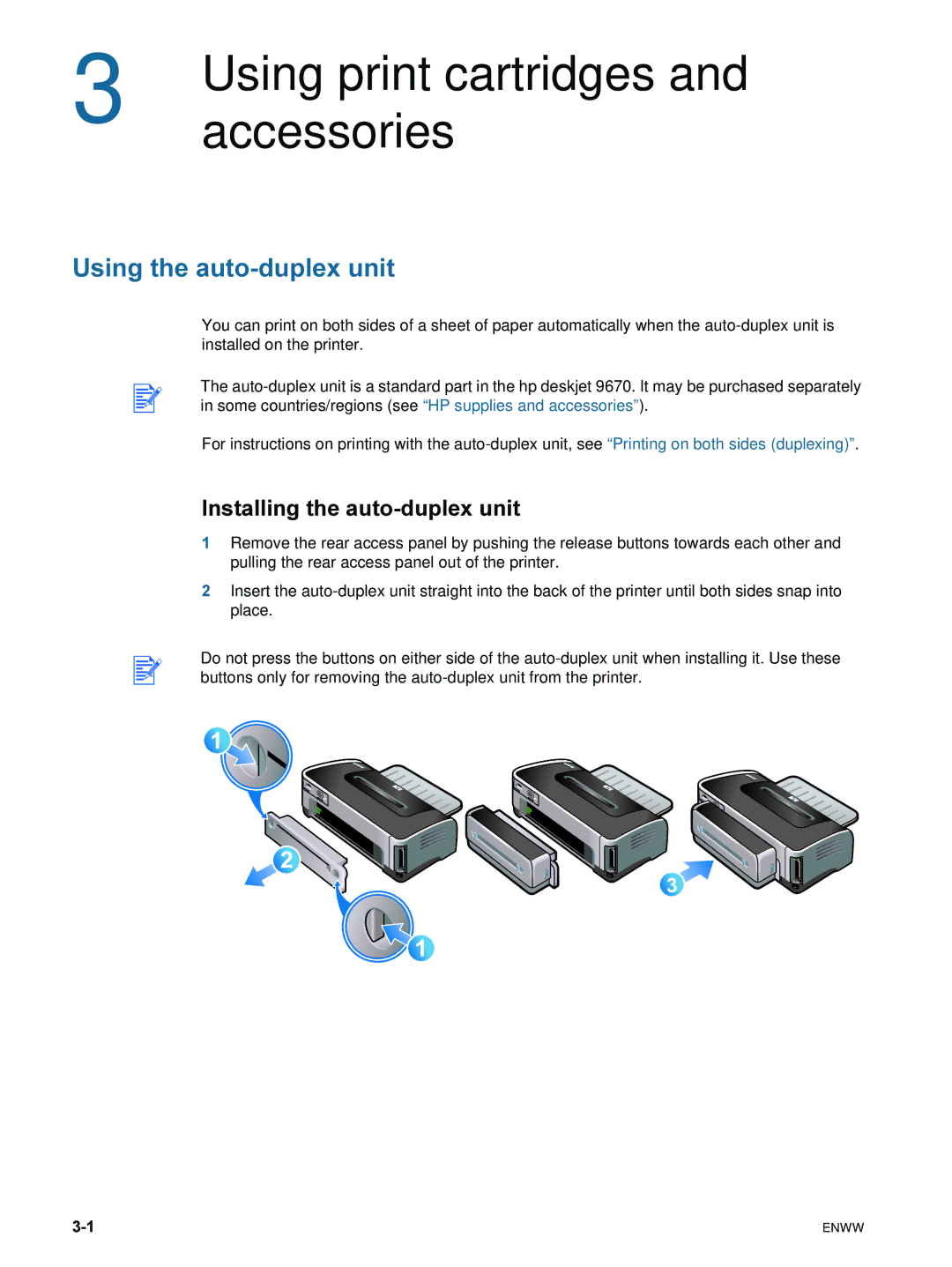 HP 9600 manual Using print cartridges, Accessories, Using the auto-duplex unit, Installing the auto-duplex unit 