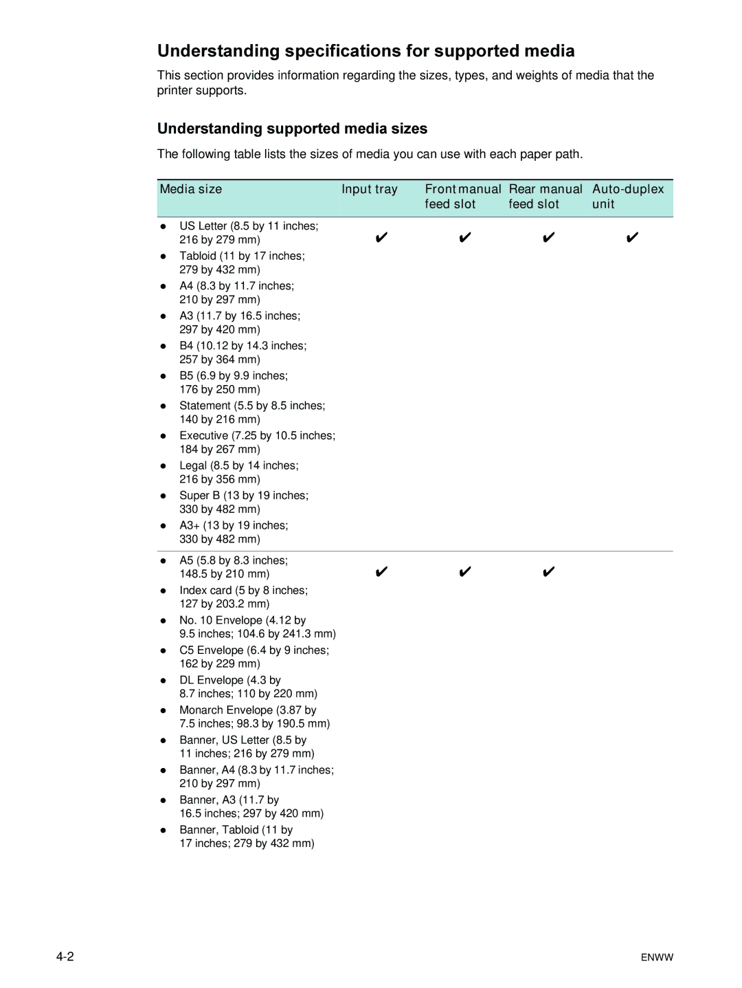 HP 9600 manual Understanding specifications for supported media, Understanding supported media sizes 