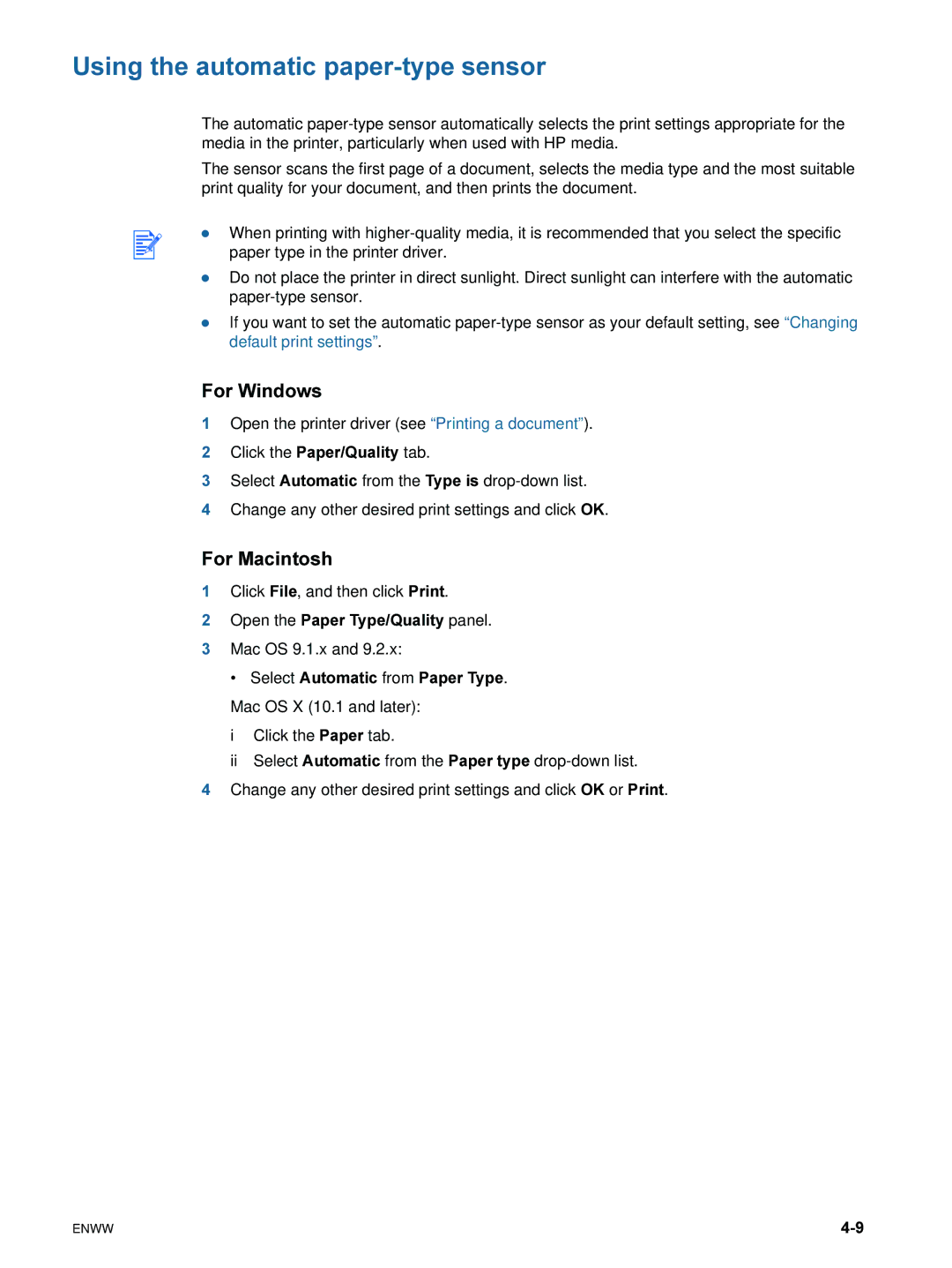 HP 9600 manual Using the automatic paper-type sensor, For Windows 