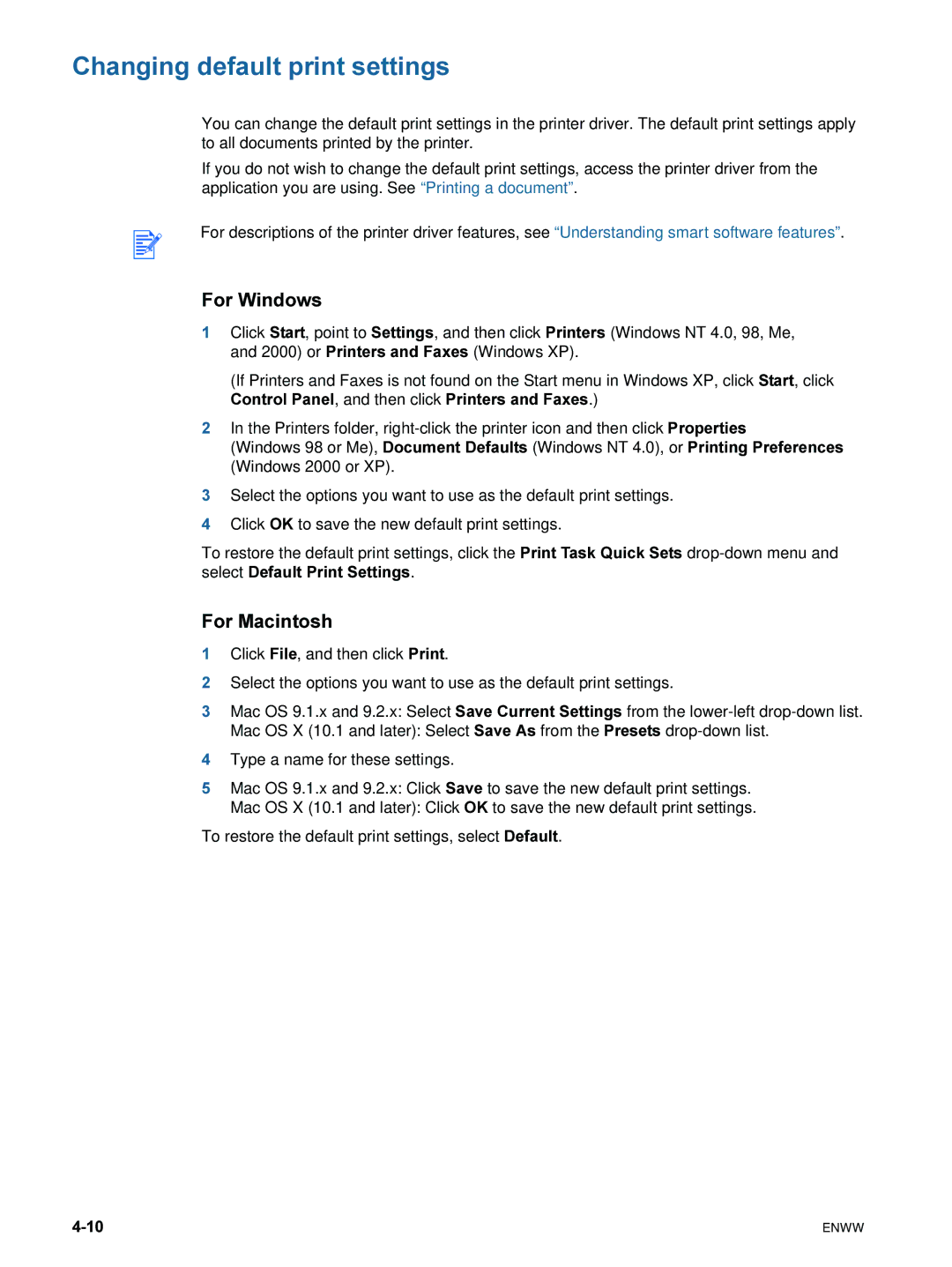 HP 9600 manual Changing default print settings 