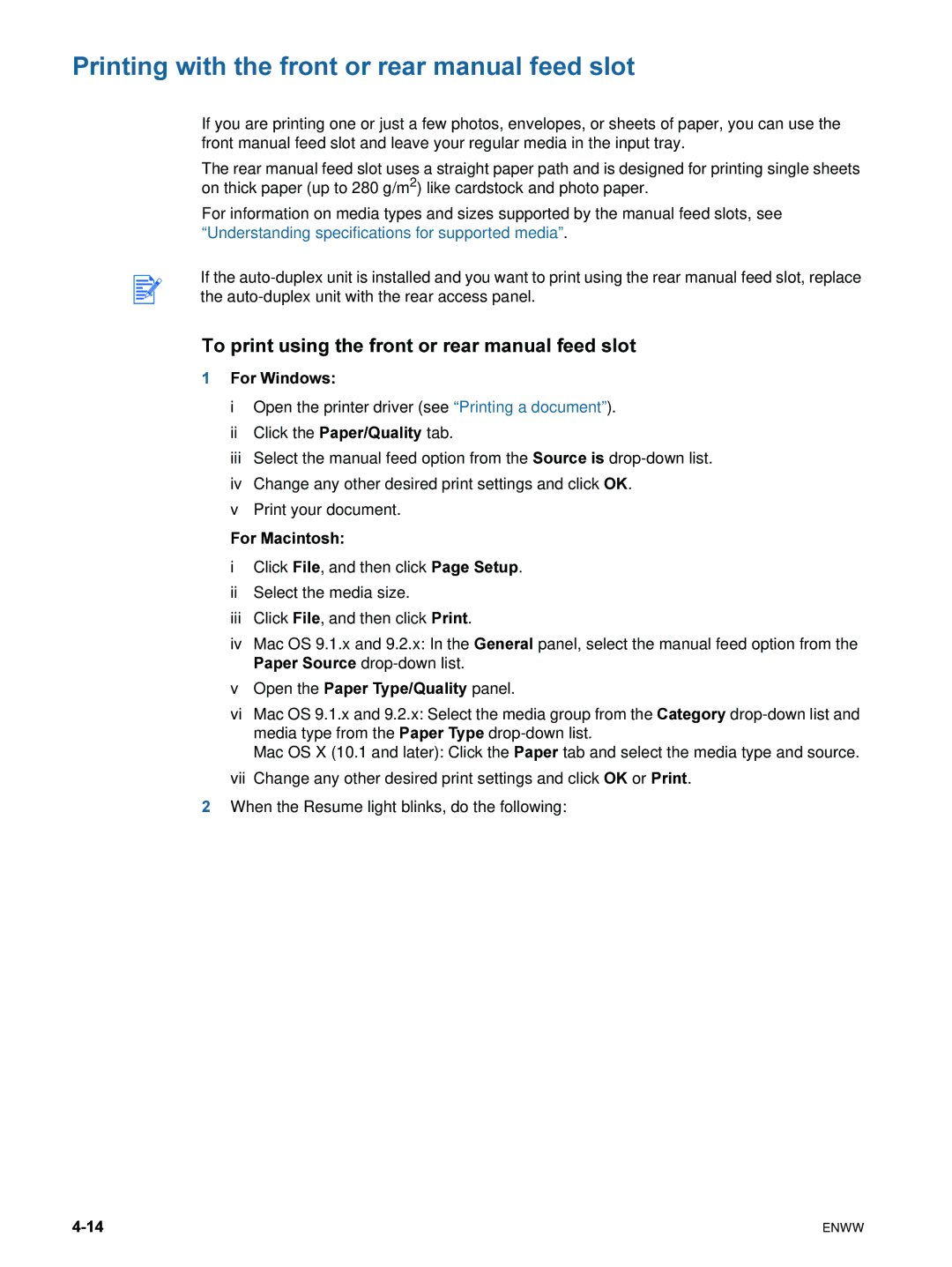 HP 9600 Printing with the front or rear manual feed slot, To print using the front or rear manual feed slot 