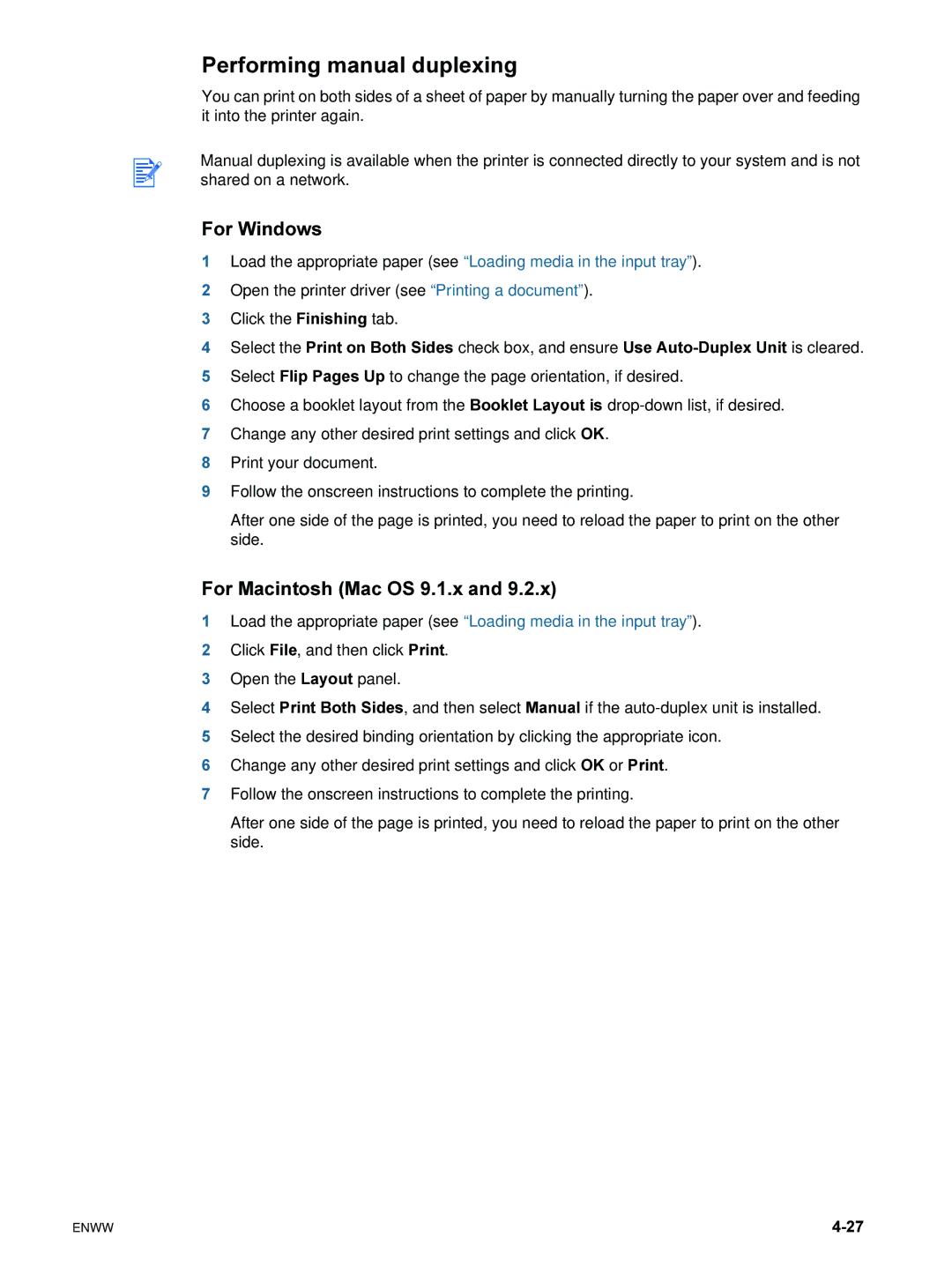 HP 9600 Performing manual duplexing, For Macintosh Mac OS 9.1.x 