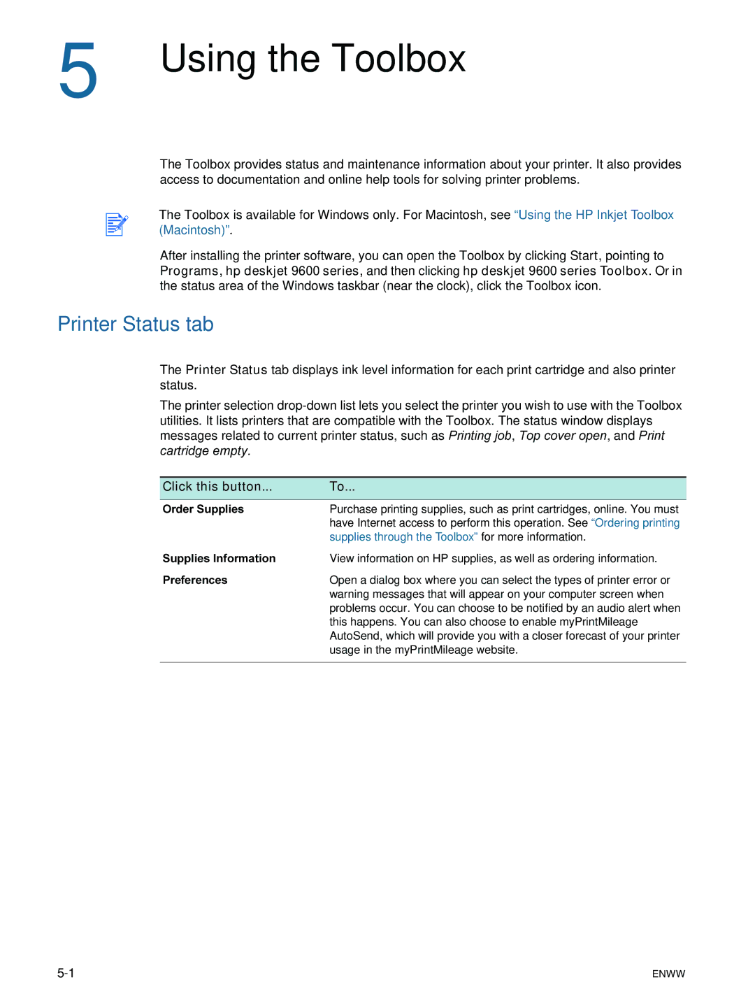 HP 9600 manual Using the Toolbox, Printer Status tab 