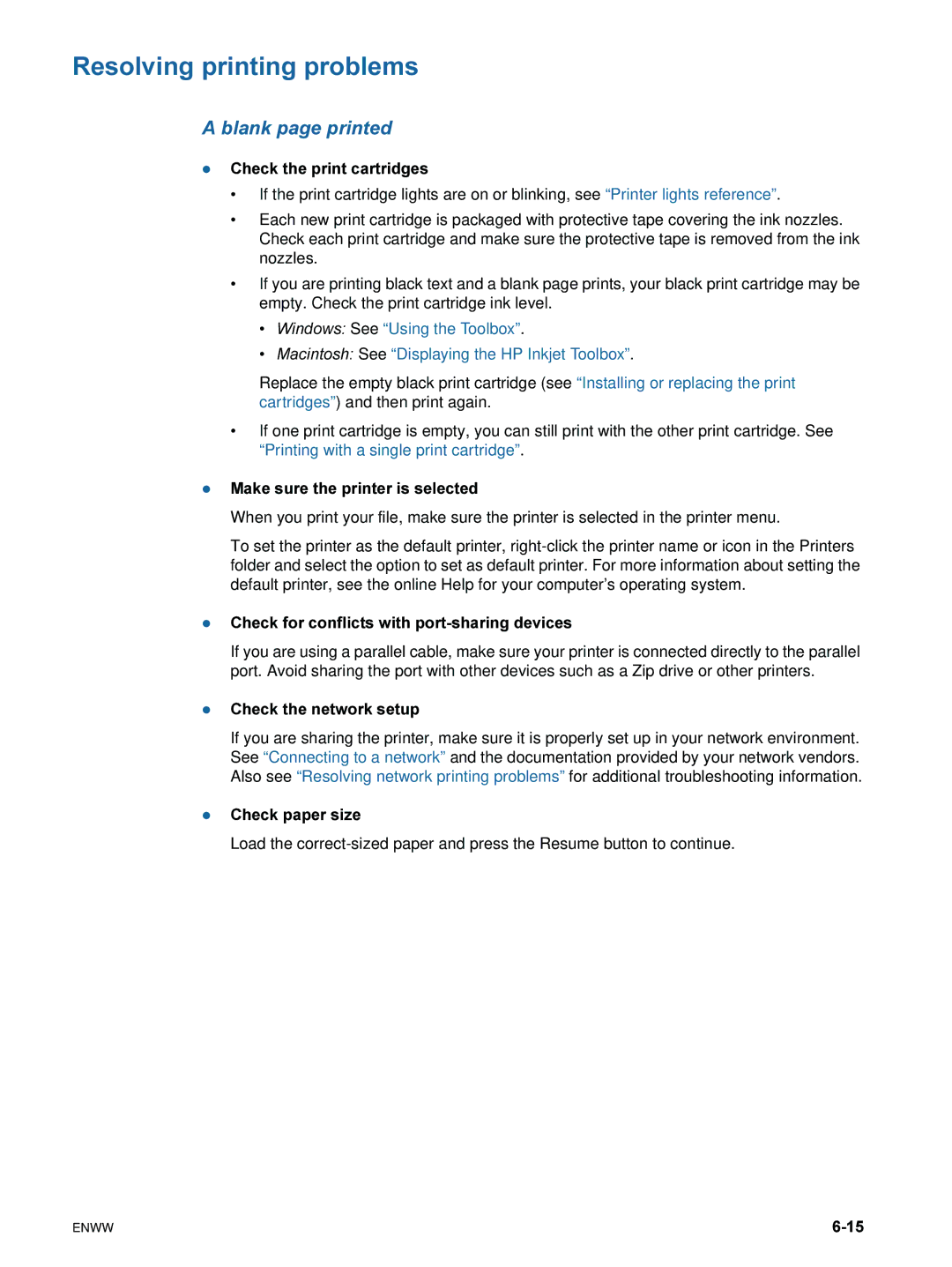 HP 9600 manual Resolving printing problems, Blank page printed 