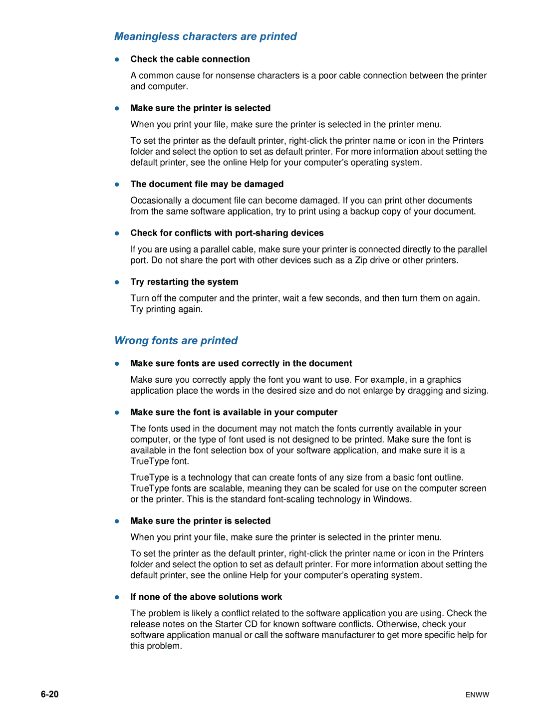 HP 9600 manual Meaningless characters are printed, Wrong fonts are printed 