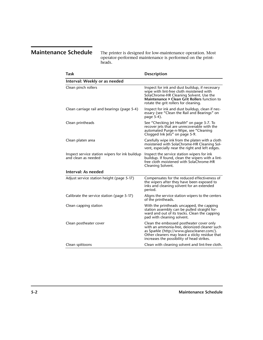 HP 98SI, 72SI manual Task Description Interval Weekly or as needed, Interval As needed 