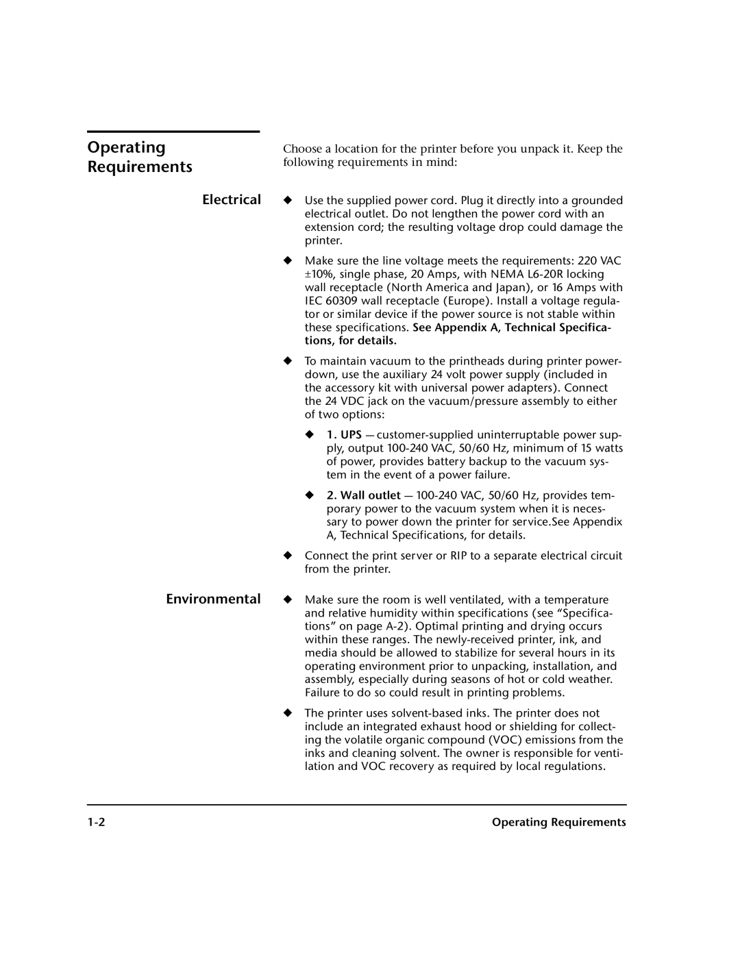 HP 98SI, 72SI manual Operating Requirements, Electrical Environmental 