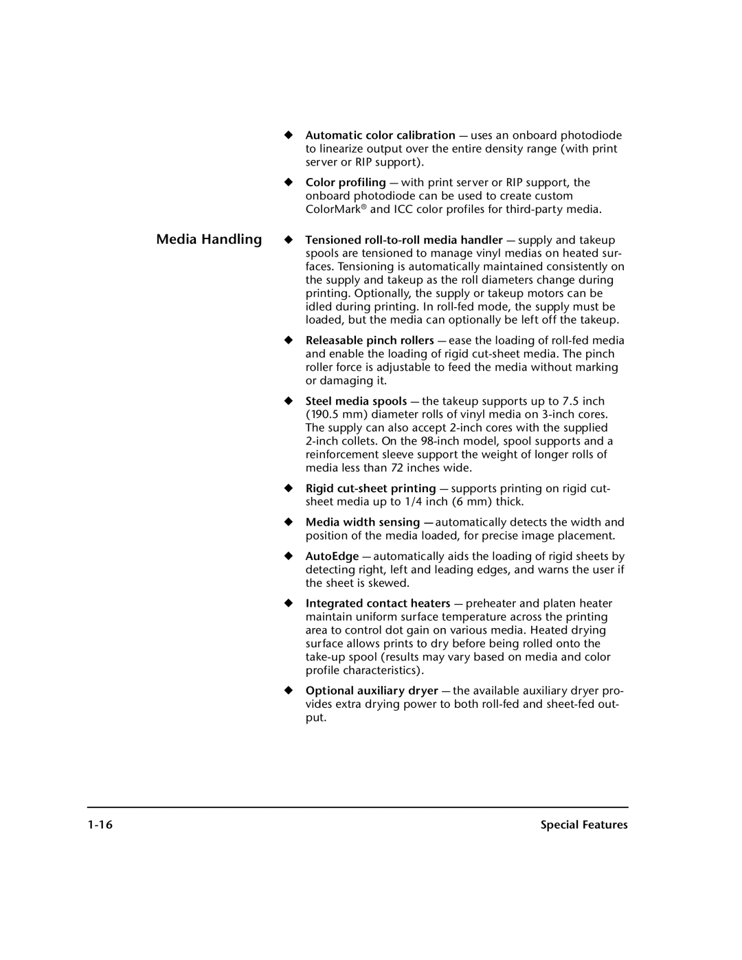 HP 98SI, 72SI manual Media Handling, Automatic color calibration uses an onboard photodiode 