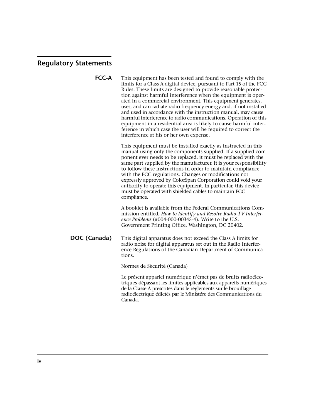 HP 98SI, 72SI manual Regulatory Statements, DOC Canada 