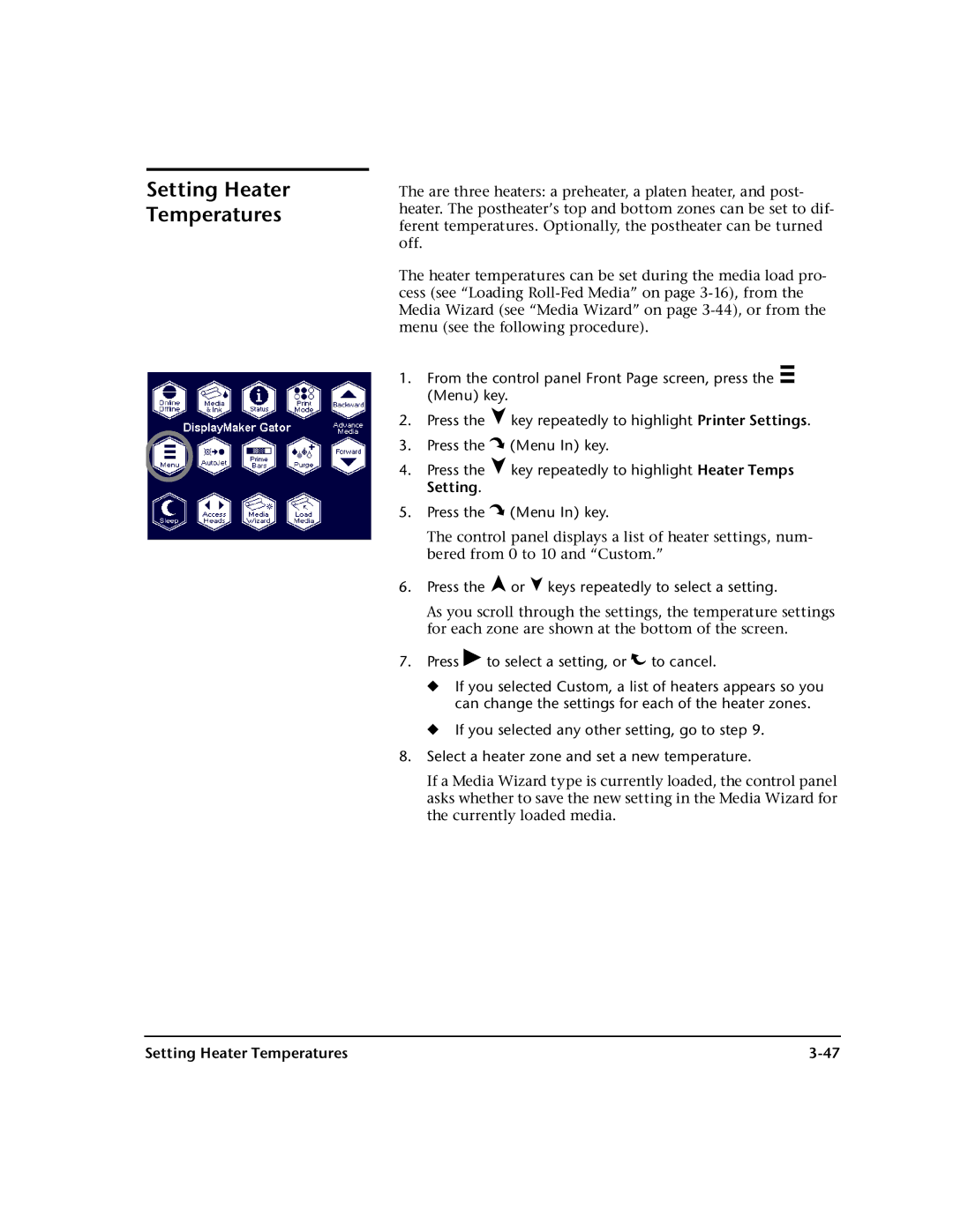 HP 72SI, 98SI manual Press the , or keys repeatedly to select a setting, Press ! to select a setting, or  to cancel 