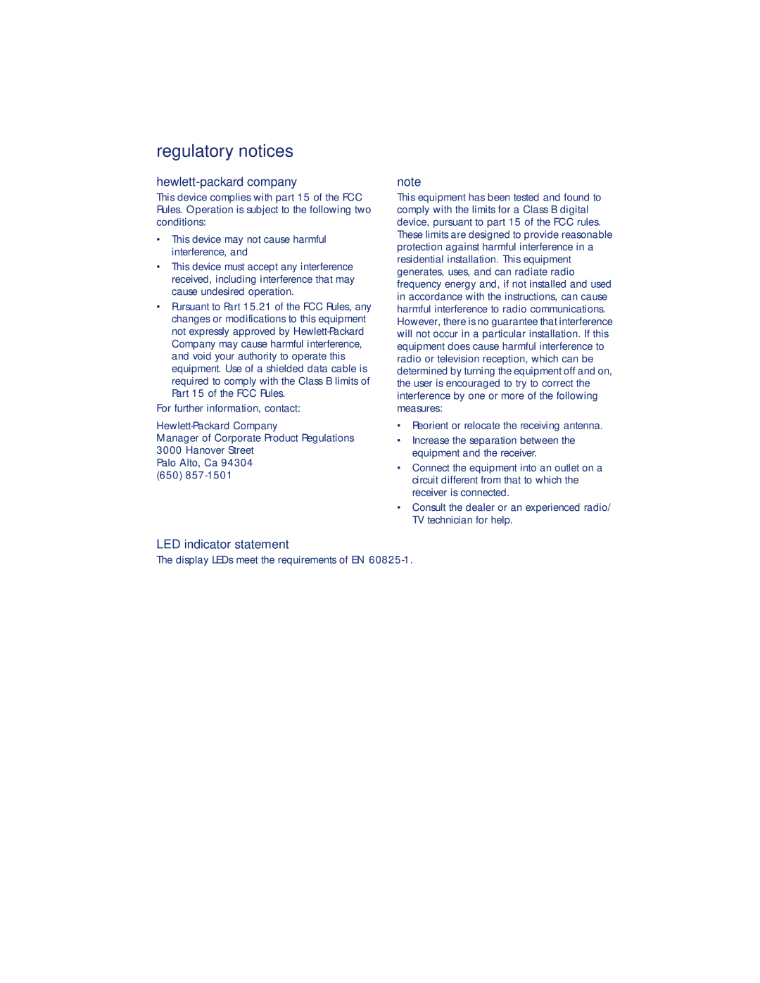 HP 980c, 990c, 960c manual Regulatory notices, Hewlett-packard company, LED indicator statement 