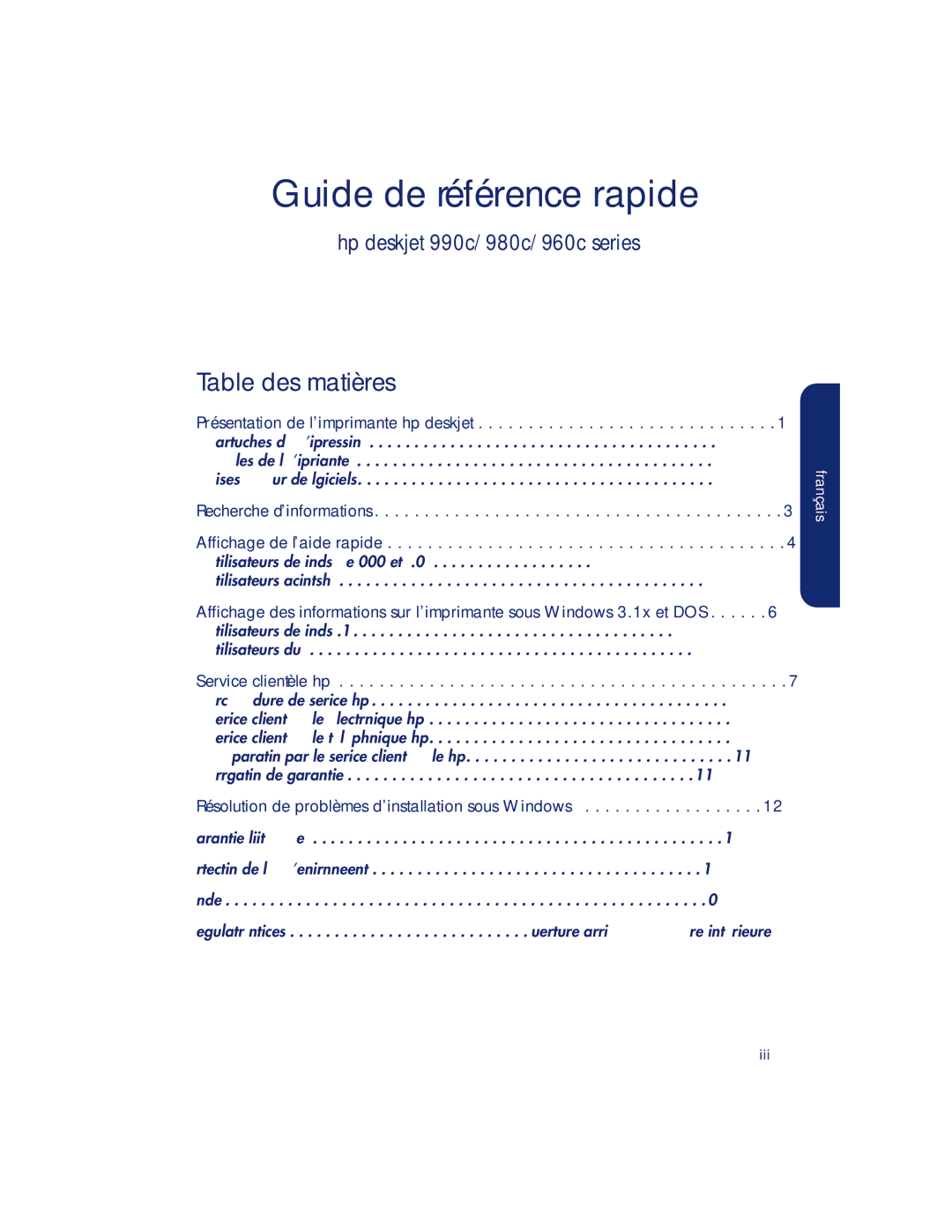 HP 980c, 990c, 960c manual Table des matières, Utilisateurs de Windows 3.1x Utilisateurs du DOS 