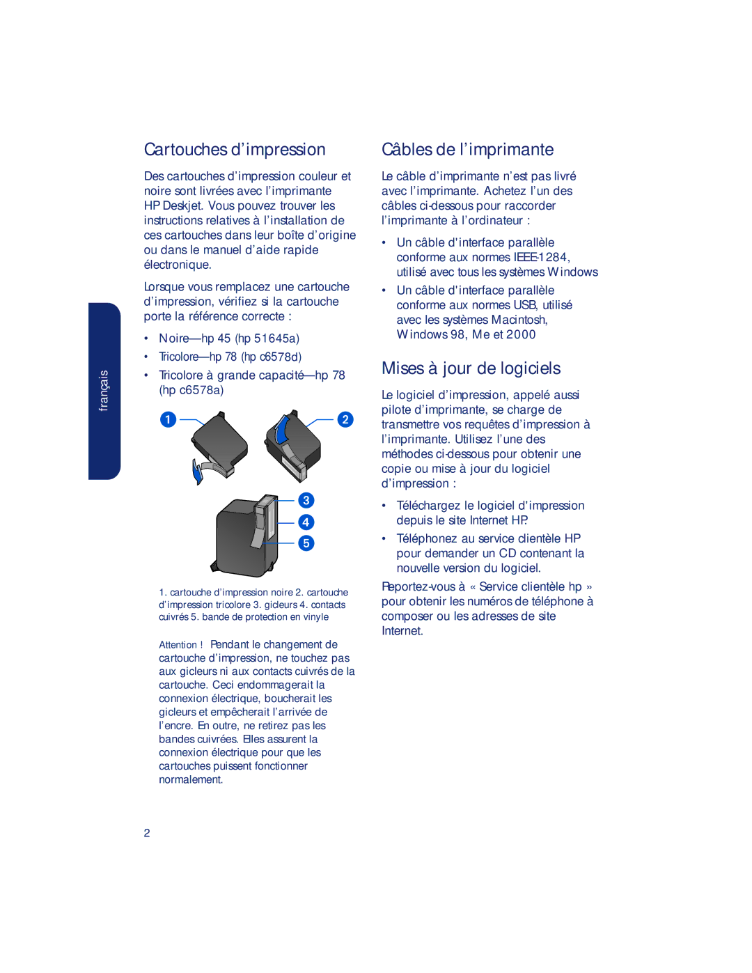 HP 980c, 990c, 960c manual Cartouches d’impression, Câbles de l’imprimante, Mises à jour de logiciels 