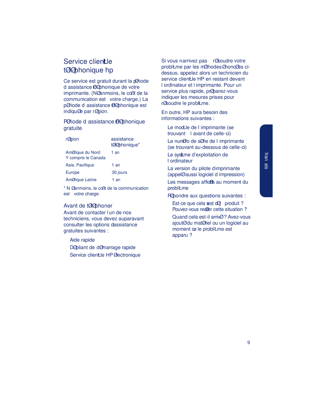 HP 990c, 960c, 980c manual Période d’assistance téléphonique gratuite, Avant de téléphoner, Région Assistance 