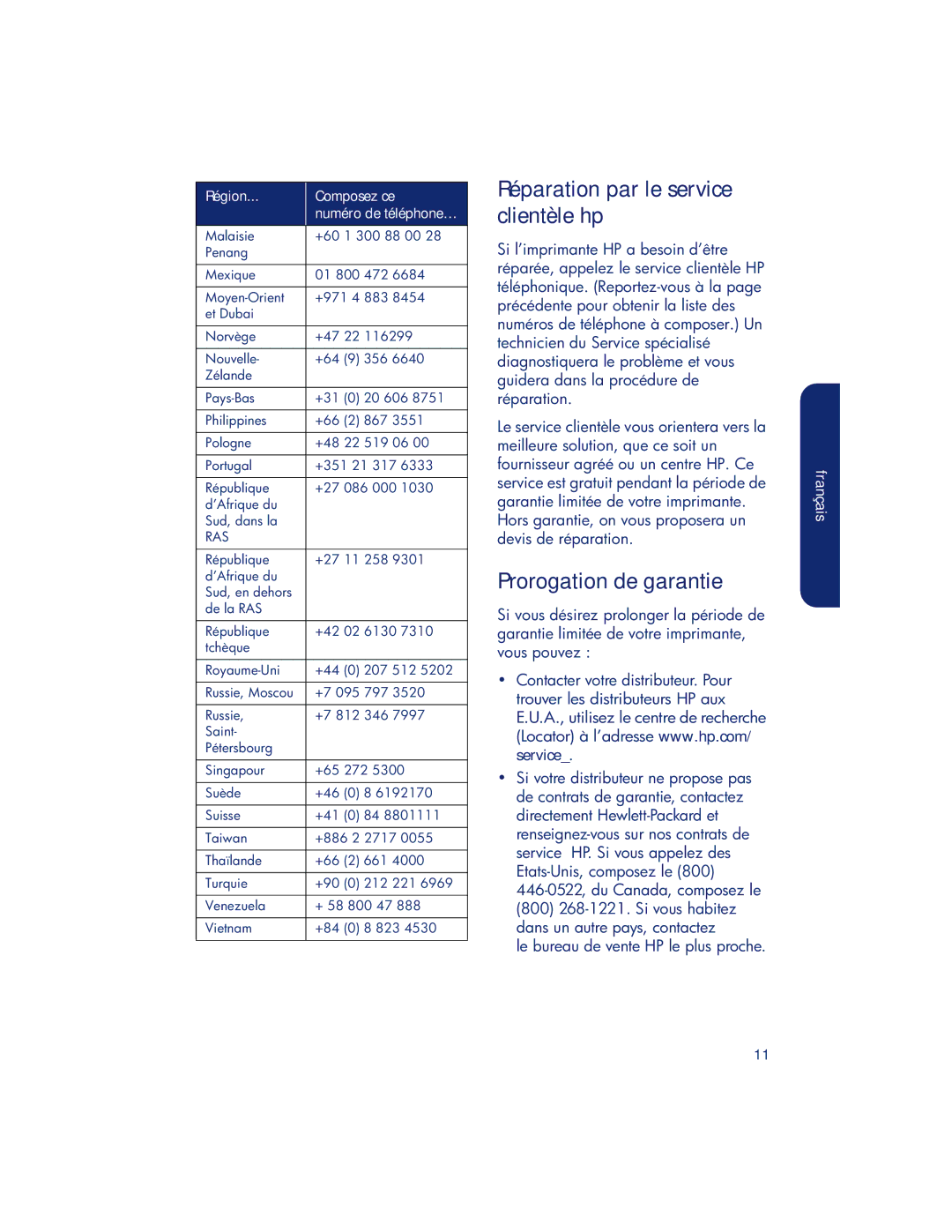 HP 980c, 990c, 960c manual Réparation par le service clientèle hp, Prorogation de garantie 