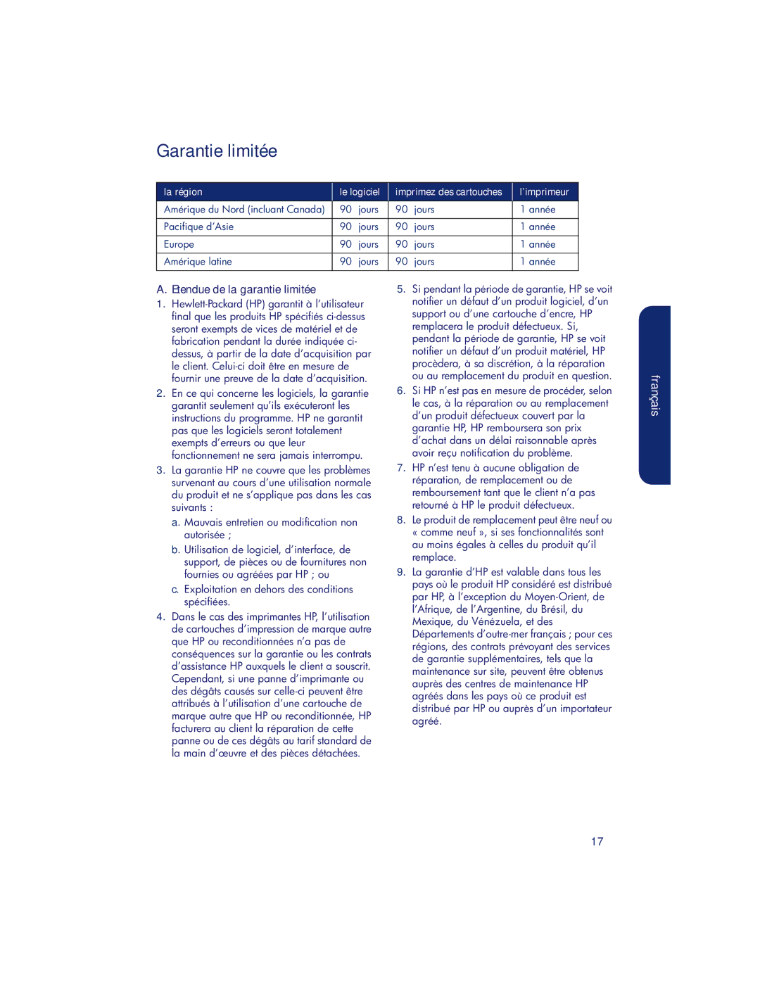 HP 980c, 990c, 960c manual Garantie limitée, Etendue de la garantie limitée 