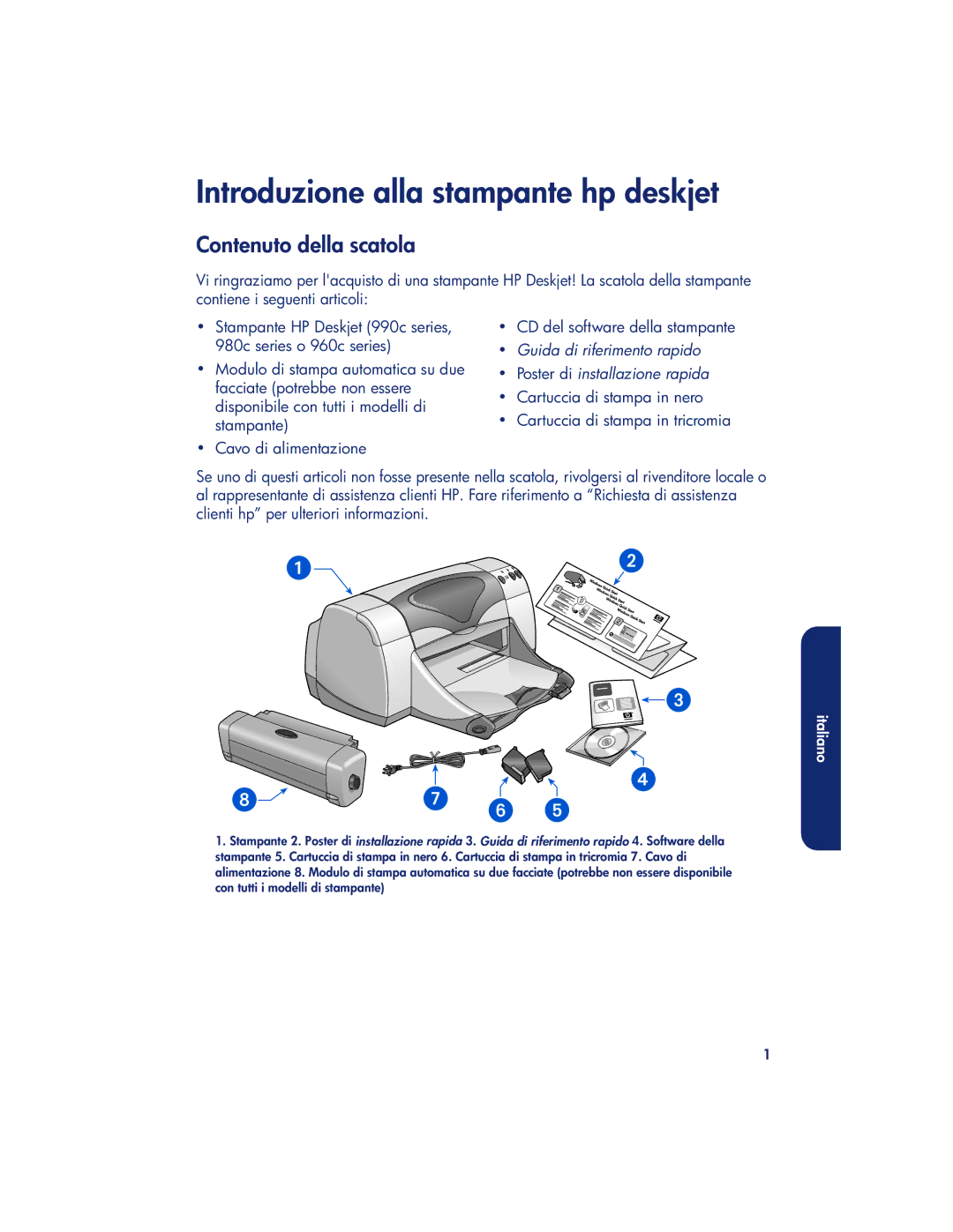 HP 980c, 990c, 960c manual Introduzione alla stampante hp deskjet, Contenuto della scatola 