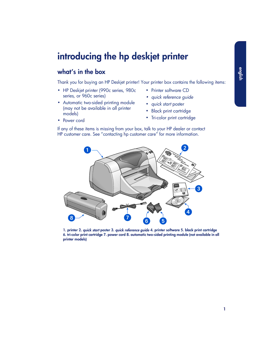 HP 990c, 960c, 980c manual Introducing the hp deskjet printer, What’s in the box, Quick reference guide Quick start poster 