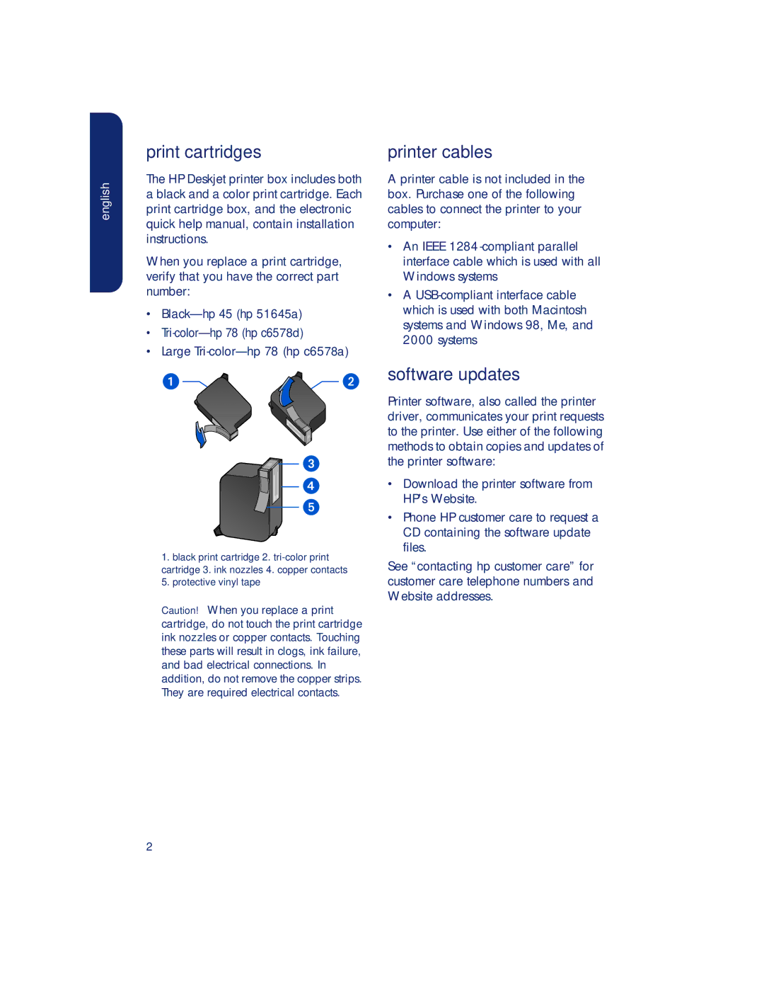 HP 960c, 990c, 980c manual Print cartridges, Printer cables, Software updates 