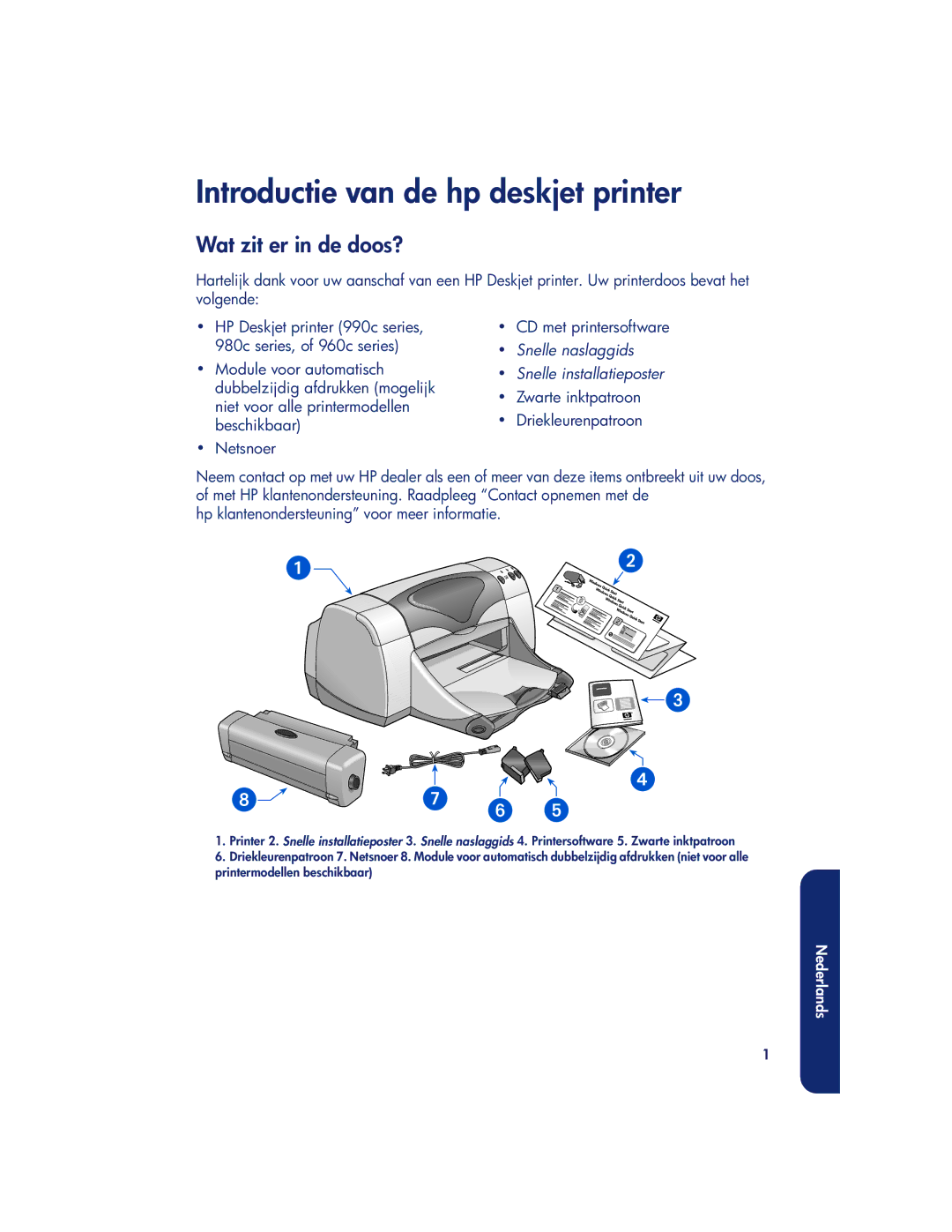 HP 990c, 960c Introductie van de hp deskjet printer, Wat zit er in de doos?, Snelle naslaggids Snelle installatieposter 