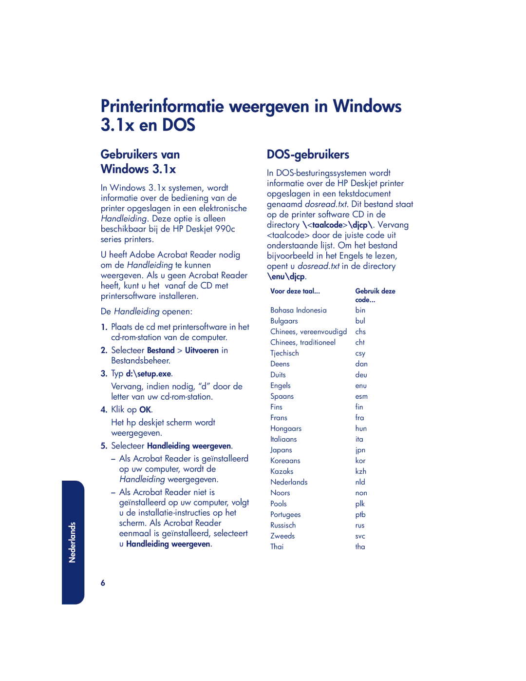 HP 980c Printerinformatie weergeven in Windows 3.1x en DOS, Gebruikers van Windows, DOS-gebruikers, De Handleiding openen 