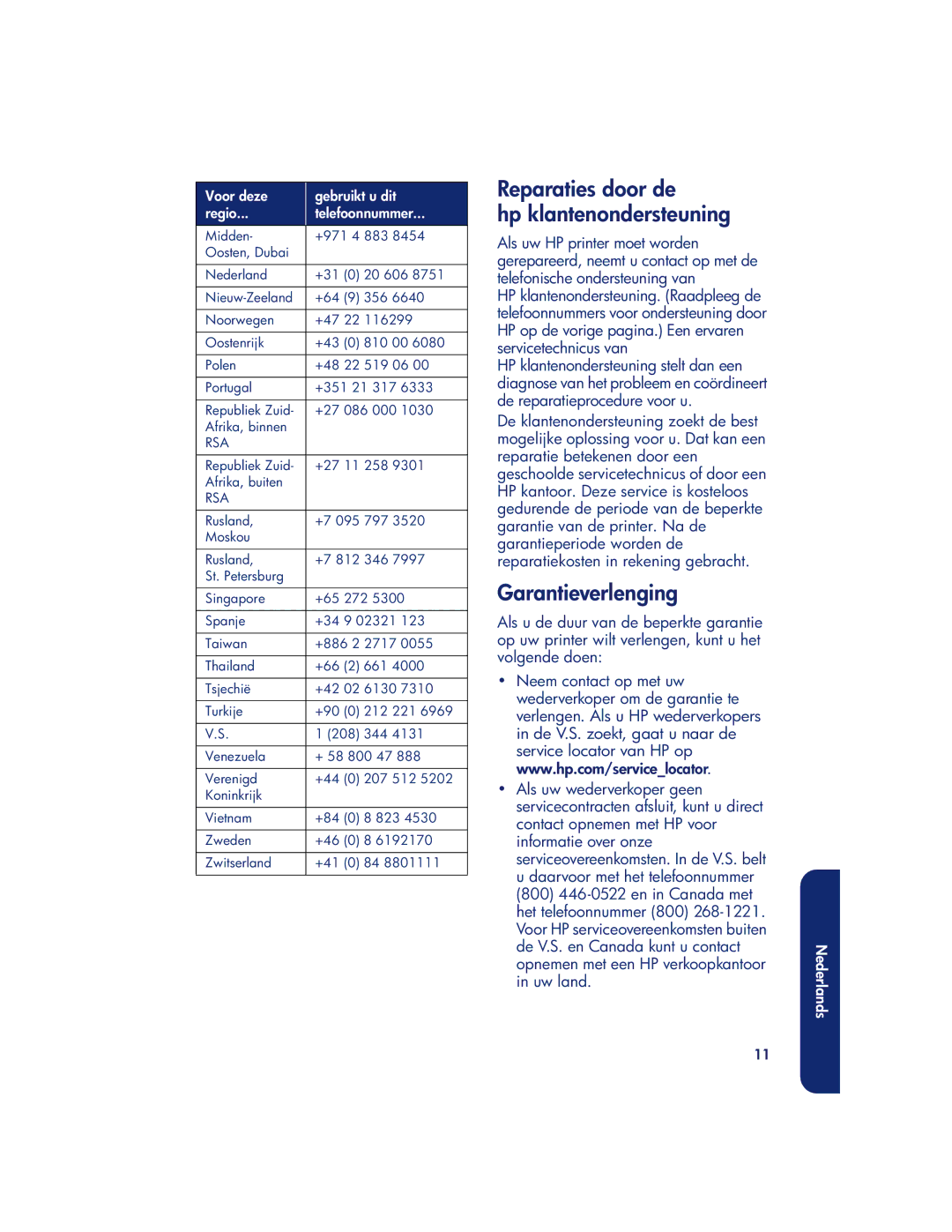 HP 960c, 990c, 980c manual Reparaties door de Hp klantenondersteuning, Garantieverlenging 