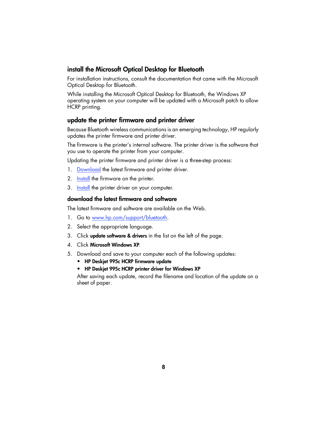 HP 995CK manual Install the Microsoft Optical Desktop for Bluetooth, Update the printer firmware and printer driver 