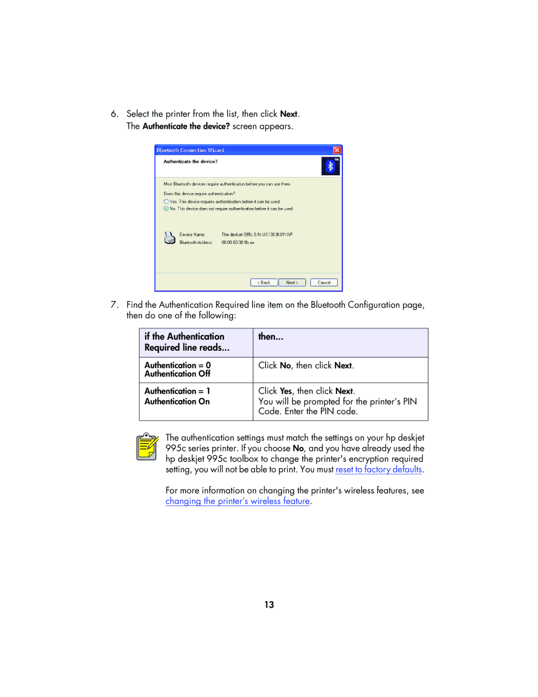 HP 995CK manual If the Authentication Then Required line reads 