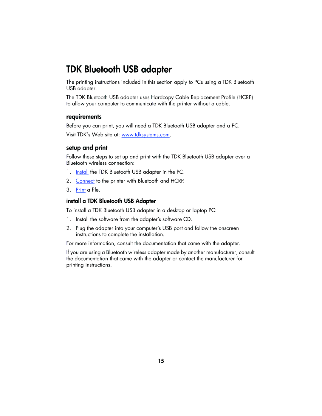 HP 995CK manual TDK Bluetooth USB adapter, Install a TDK Bluetooth USB Adapter 