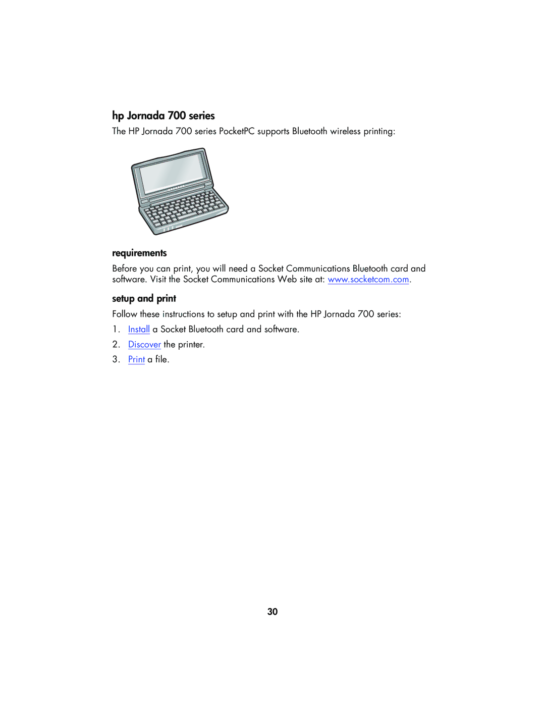 HP 995CK manual Hp Jornada 700 series, Requirements Setup and print 