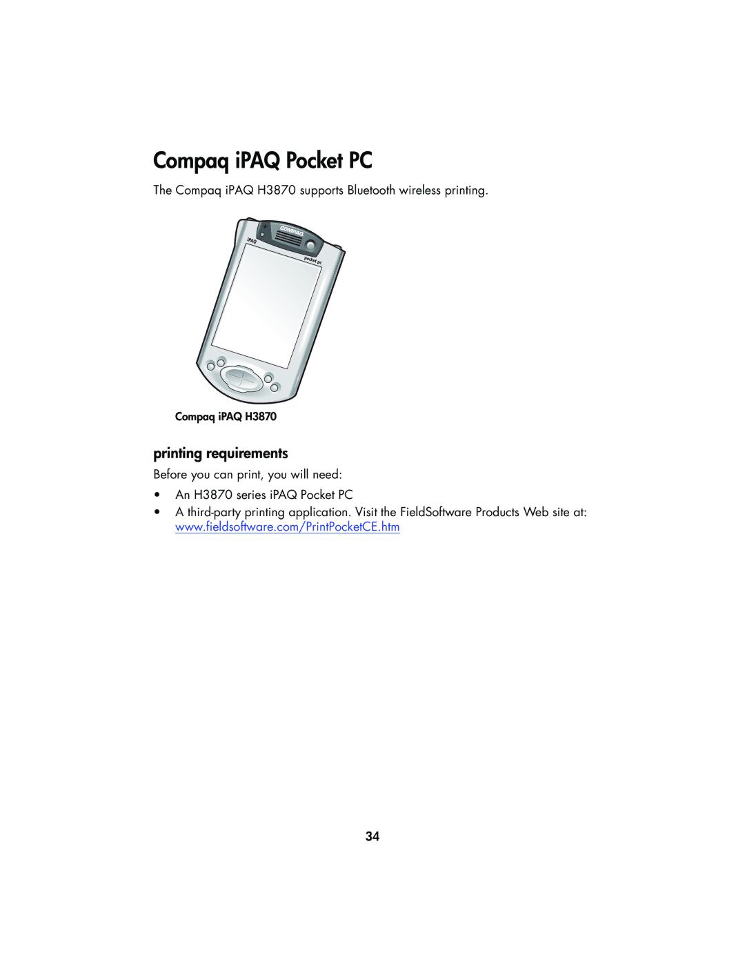 HP 995CK manual Compaq iPAQ Pocket PC, Printing requirements 