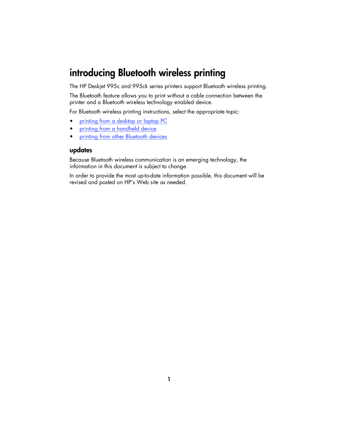 HP 995CK manual Introducing Bluetooth wireless printing, Updates 