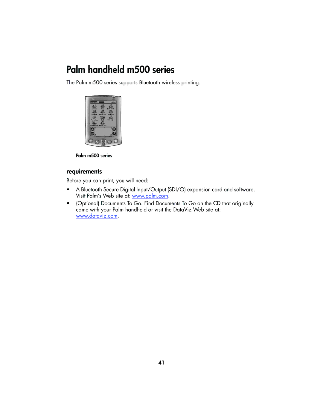 HP 995CK manual Palm handheld m500 series, Requirements 