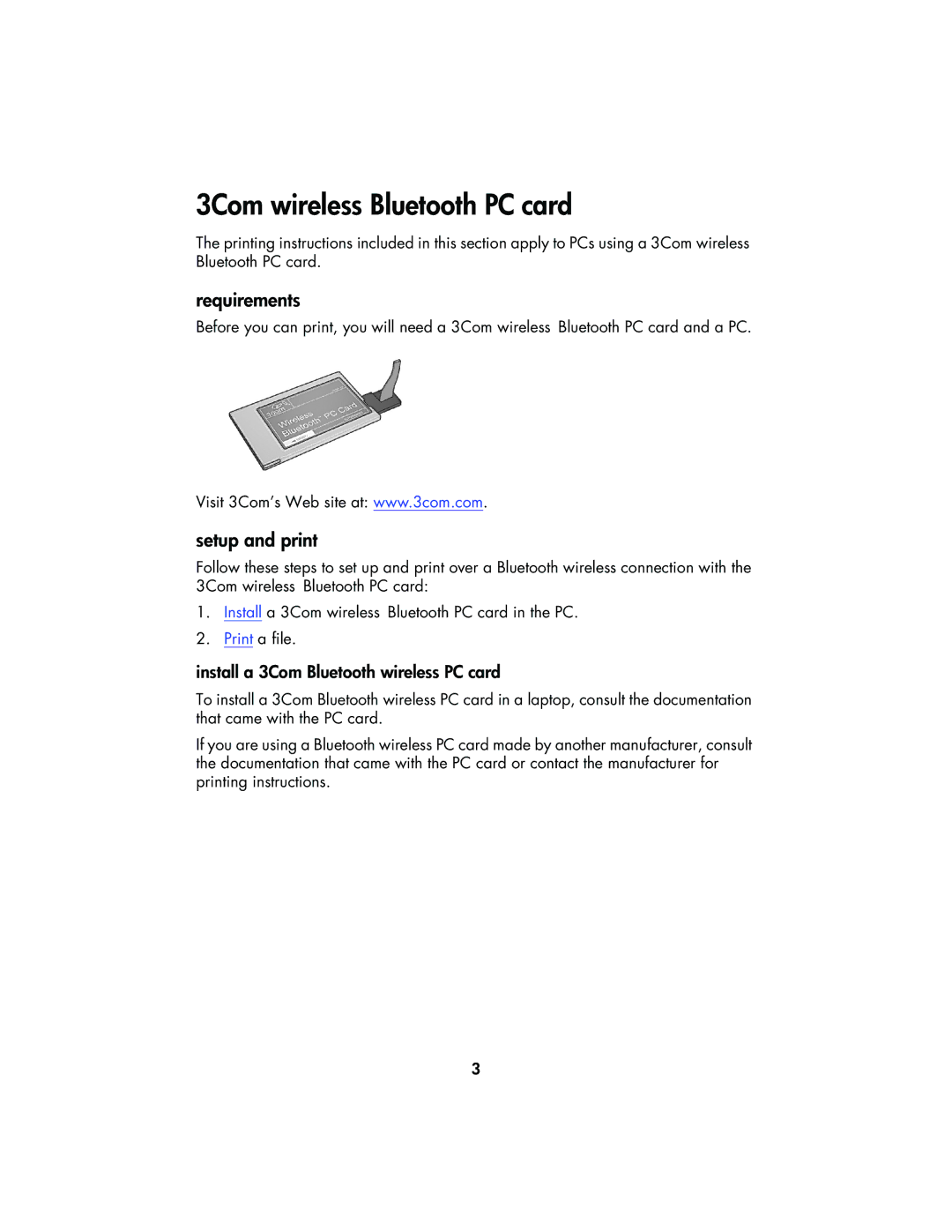 HP 995CK 3Com wireless Bluetooth PC card, Requirements, Setup and print, Install a 3Com Bluetooth wireless PC card 