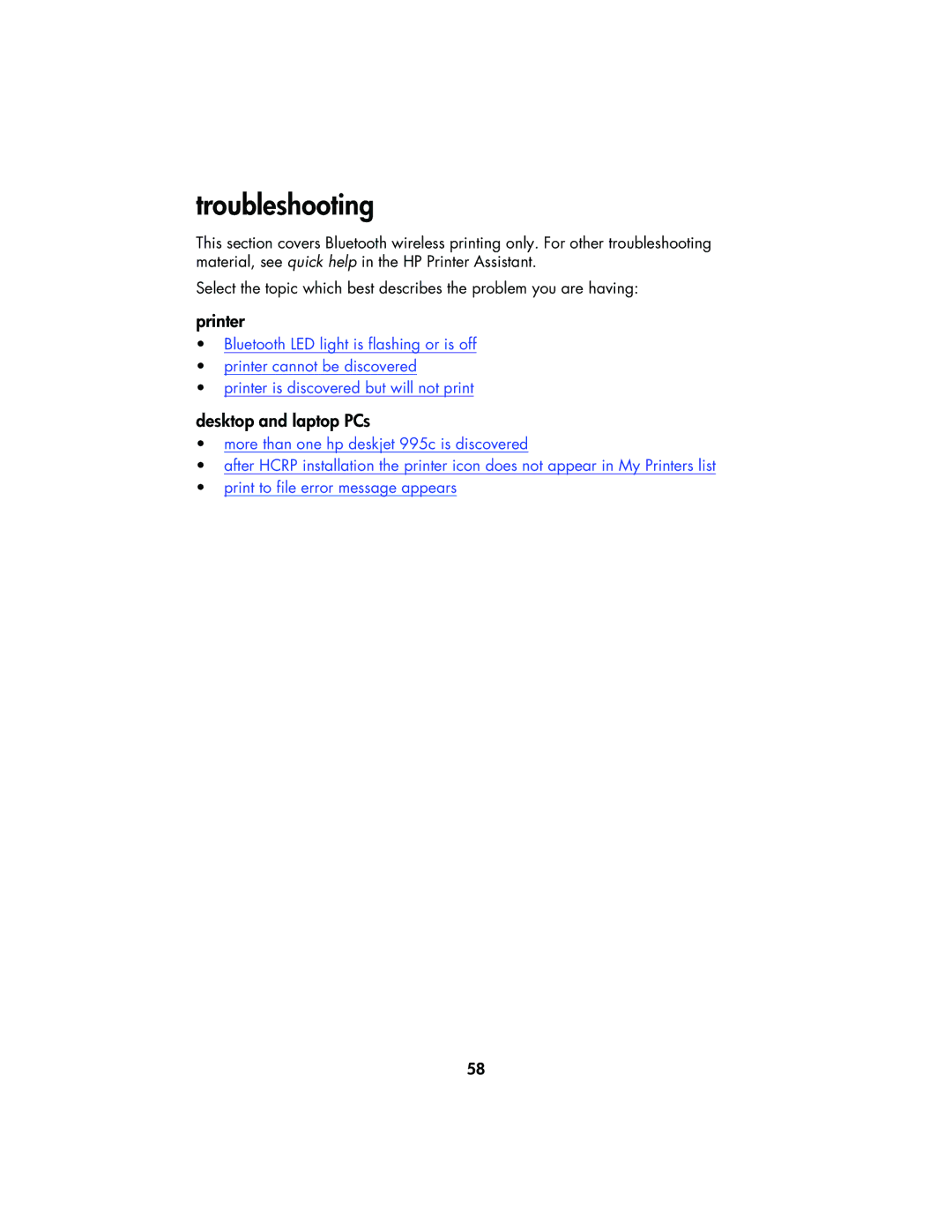 HP 995CK manual Troubleshooting, Printer, Desktop and laptop PCs 