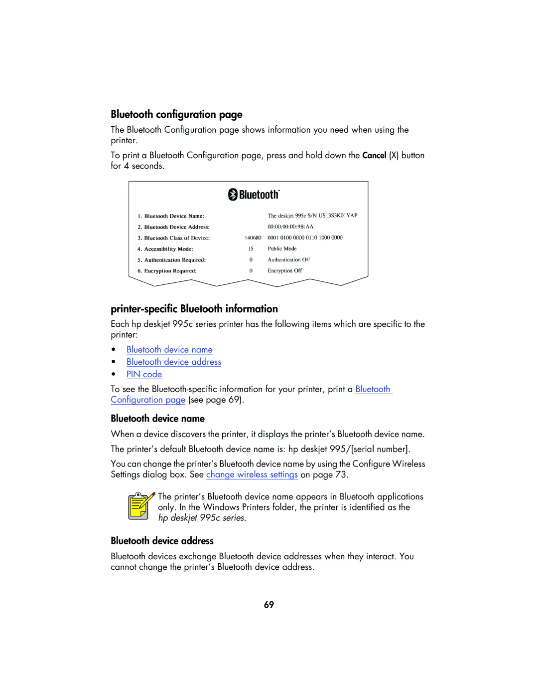 HP 995C Bluetooth configuration, Printer-specific Bluetooth information, Bluetooth device name, Bluetooth device address 