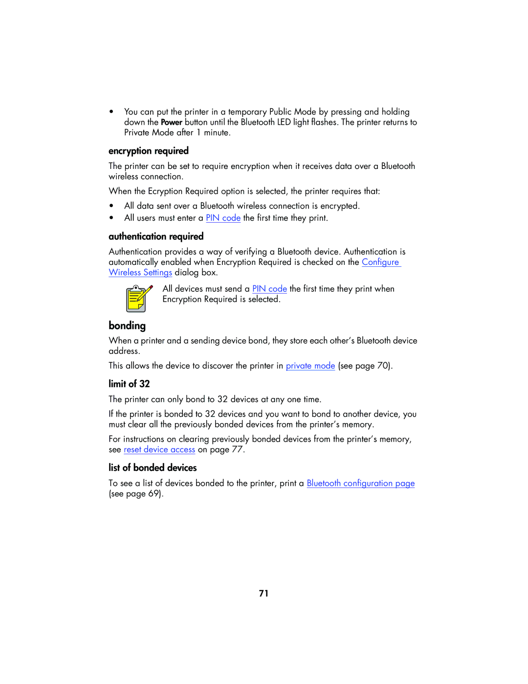 HP 995CK manual Bonding, Encryption required, Authentication required, Limit, List of bonded devices 