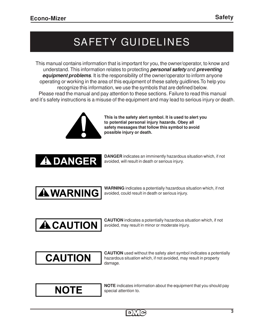 HP 996 manual Safety Guidelines, Econo-Mizer Safety 