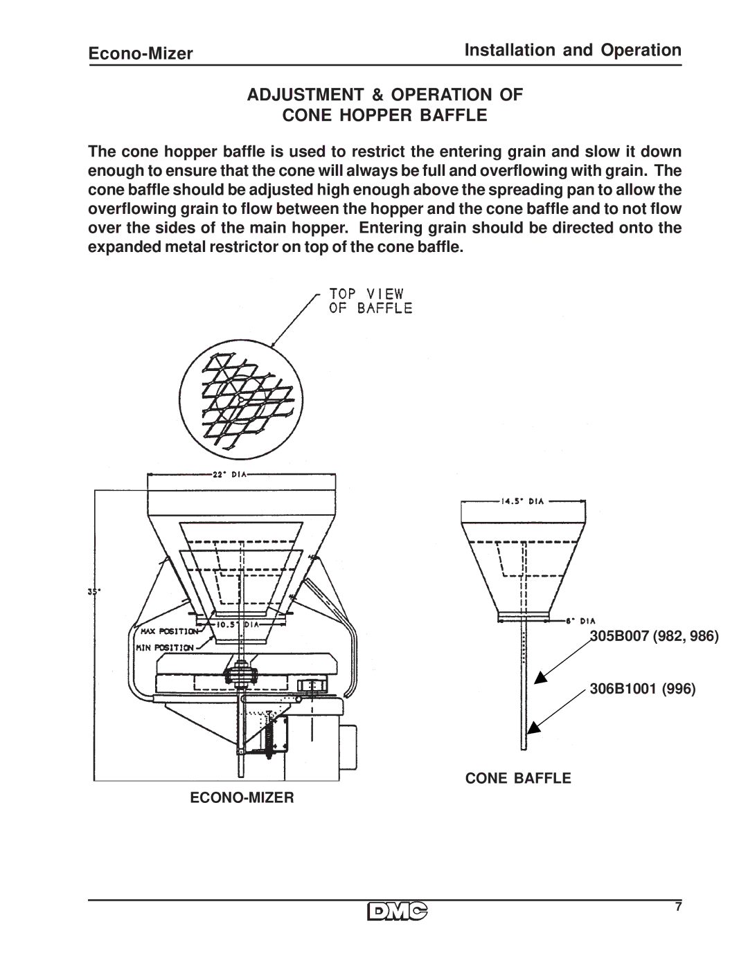 HP 996 manual Adjustment & Operation Cone Hopper Baffle, Cone Baffle ECONO-MIZER 