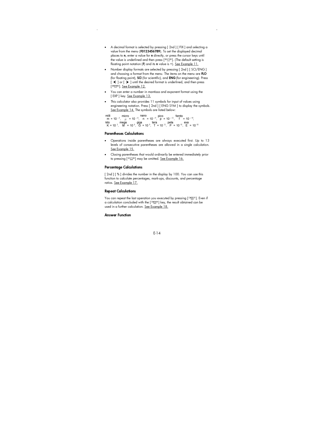 HP 9g Graphing manual Parentheses Calculations, Percentage Calculations, Repeat Calculations, Answer Function 