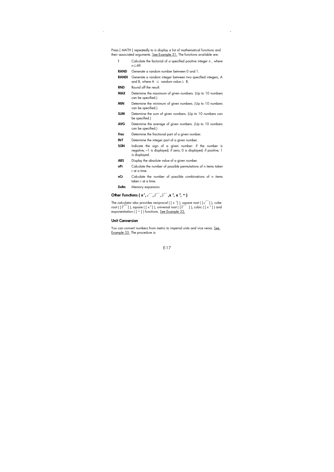 HP 9g Graphing manual Other Functions x-1, , , ,x 2, x, Unit Conversion 