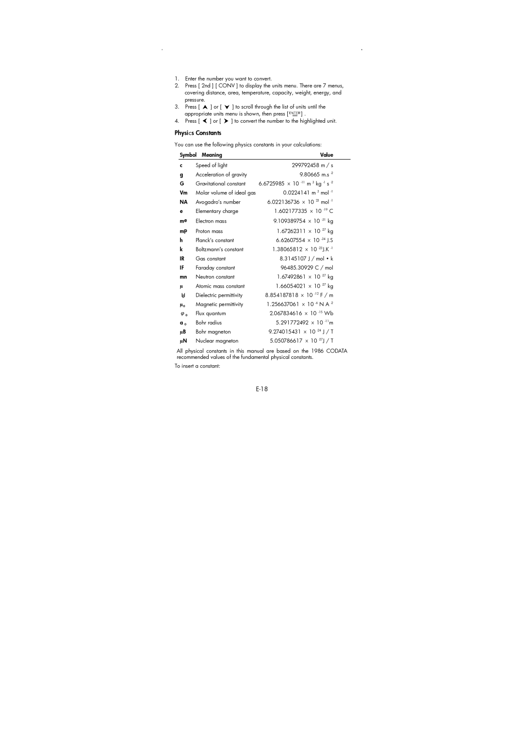 HP 9g Graphing manual Physics Constants 