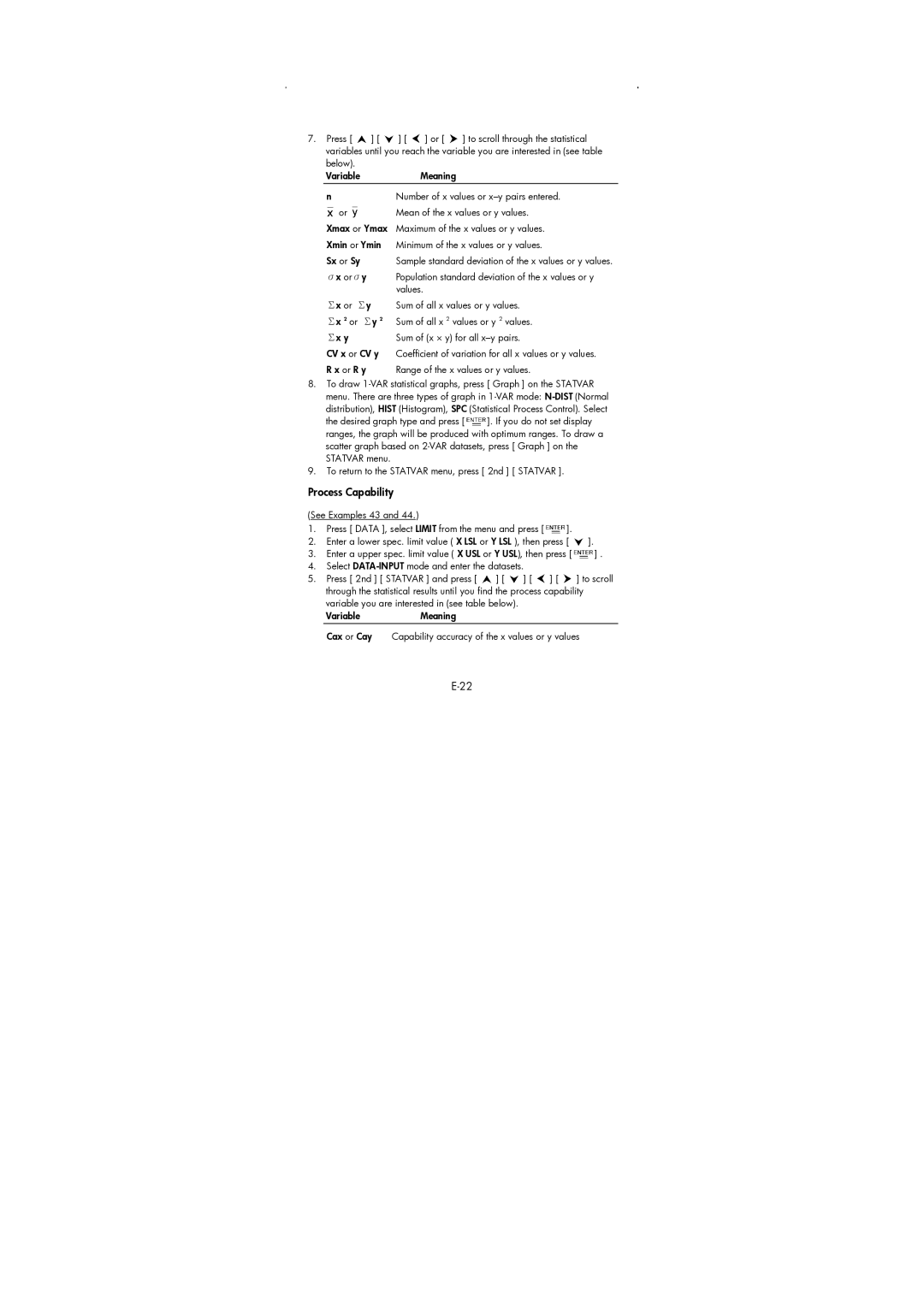 HP 9g Graphing manual Process Capability 