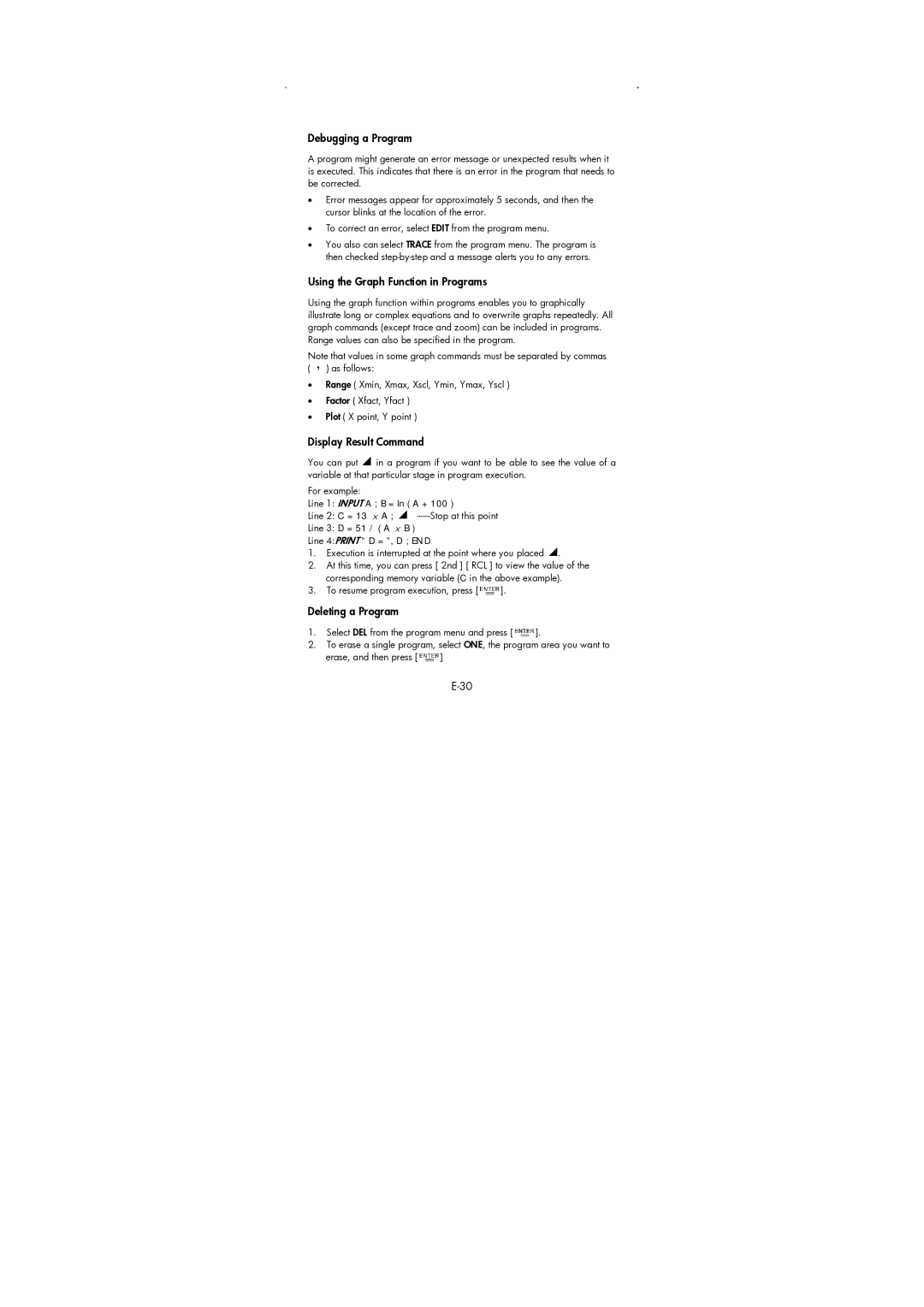 HP 9g Graphing manual Debugging a Program, Using the Graph Function in Programs, Display Result Command, Deleting a Program 