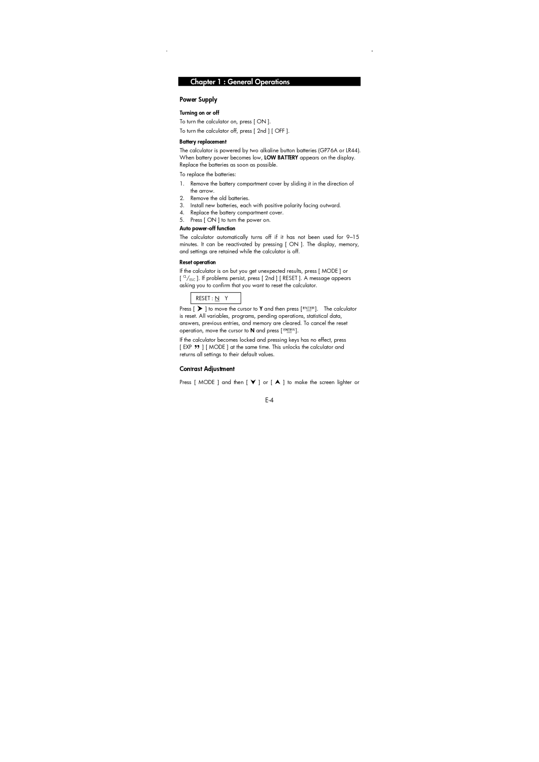 HP 9g Graphing manual Power Supply, Contrast Adjustment 