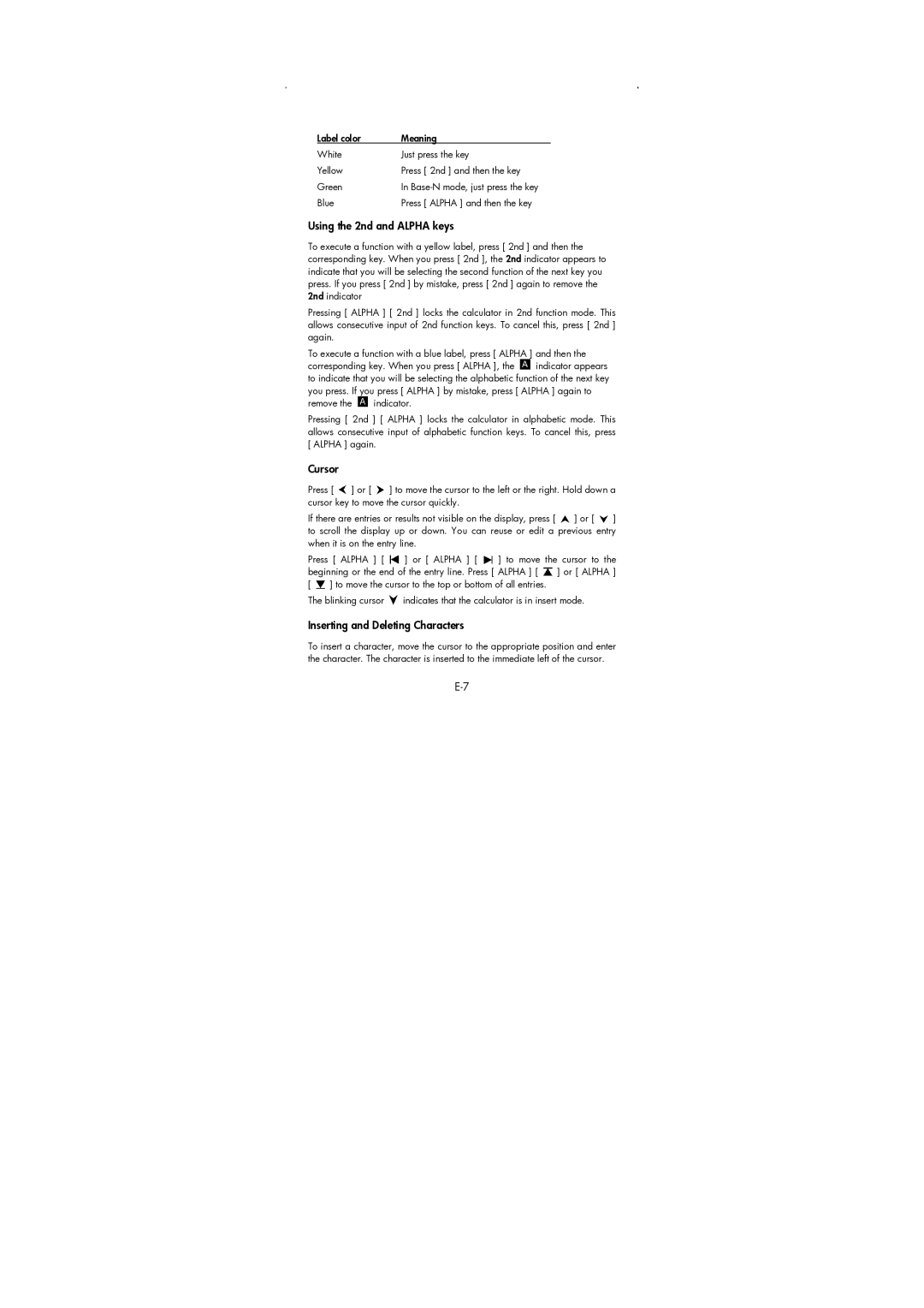 HP 9g Graphing manual Using the 2nd and Alpha keys, Cursor, Inserting and Deleting Characters 