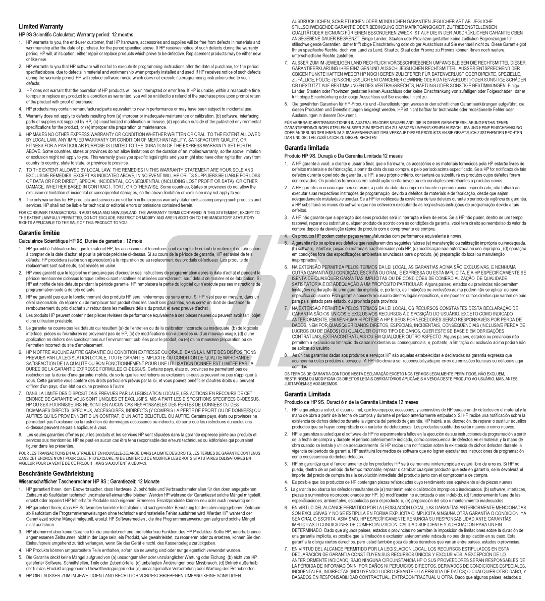 HP 9s Scientific manual Limited Warranty, Garantie limitée, Beschränkte Gewährleistung, Garantia limitada 