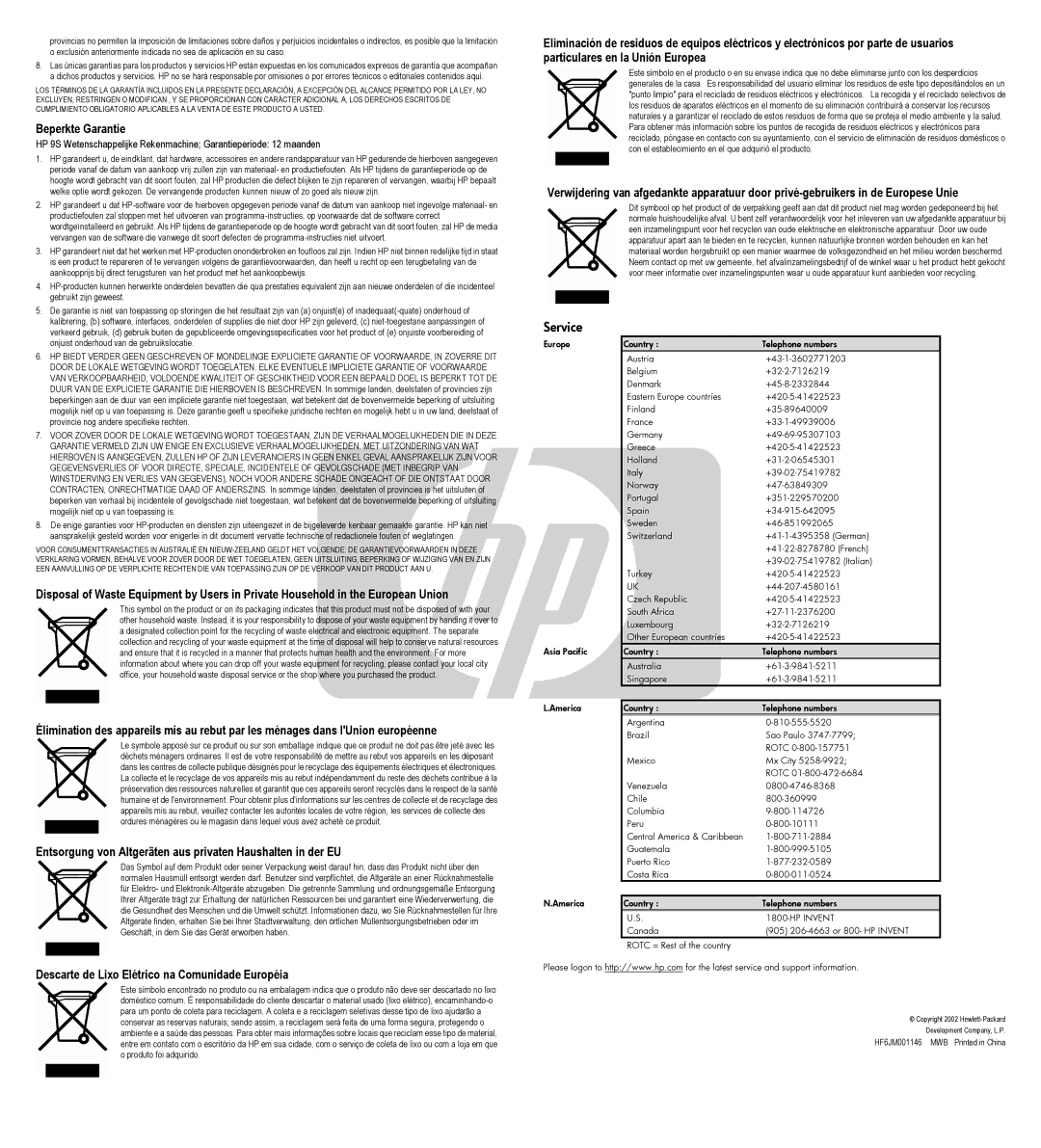 HP 9s Scientific manual Beperkte Garantie, Entsorgung von Altgeräten aus privaten Haushalten in der EU 