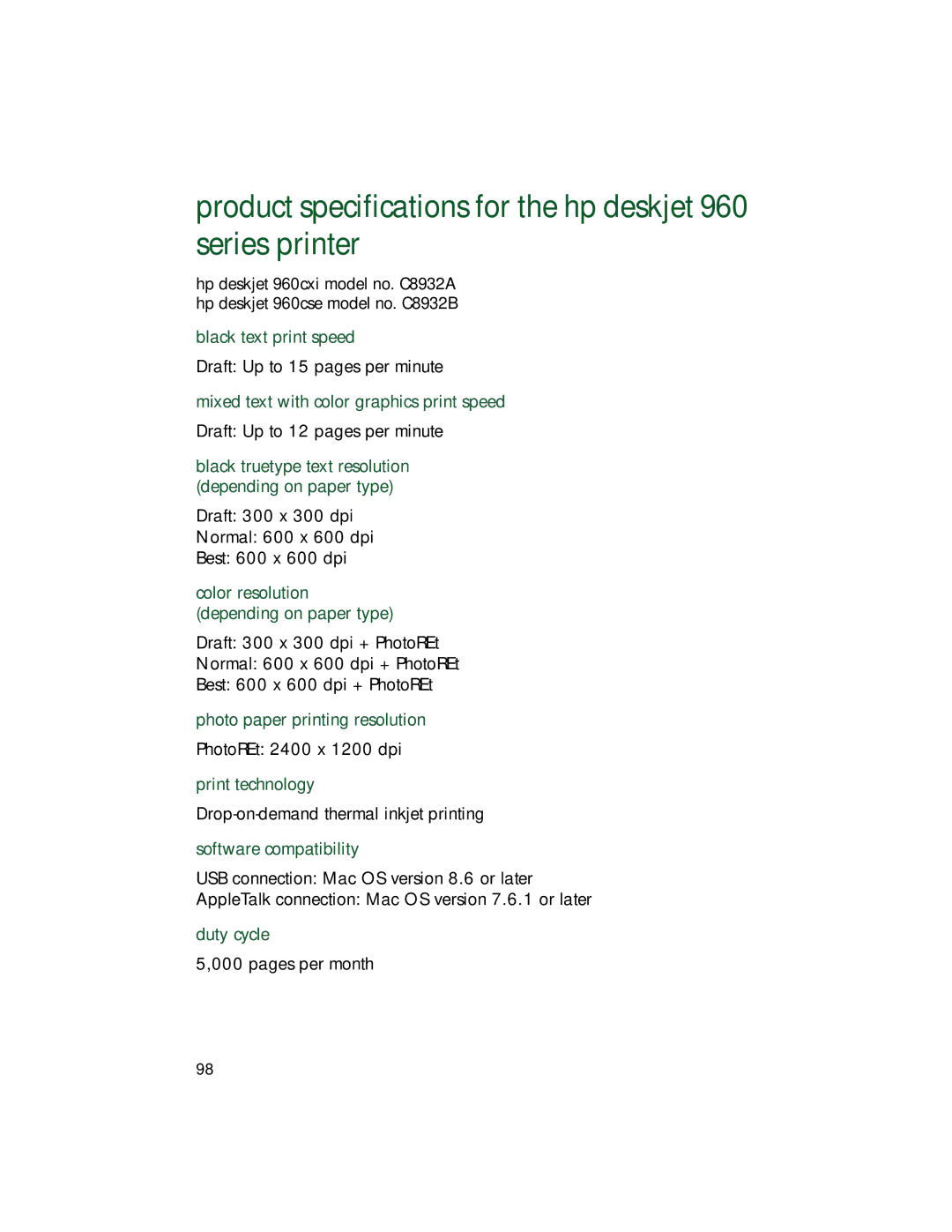 HP 9xx manual Product specifications for the hp deskjet 960 series printer 